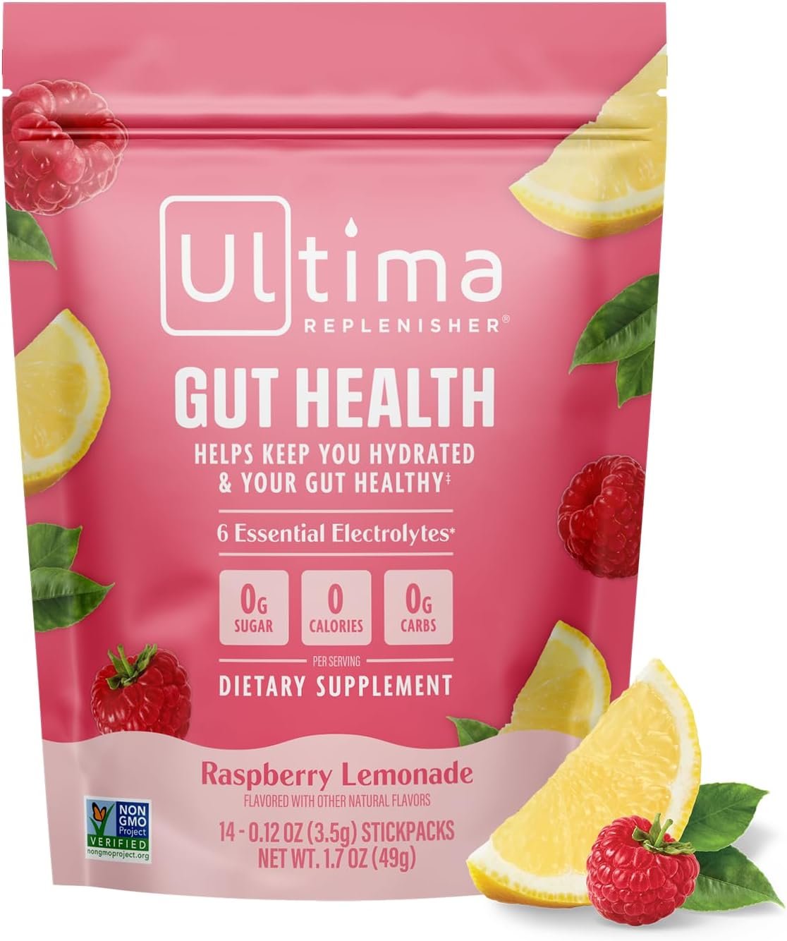 Ultima Replenisher Gut Health Supplement and Electrolytes Powder – Raspberry Lemonade, 14 Stickpacks – Hydration Packets with Added Gut Health Benefits
