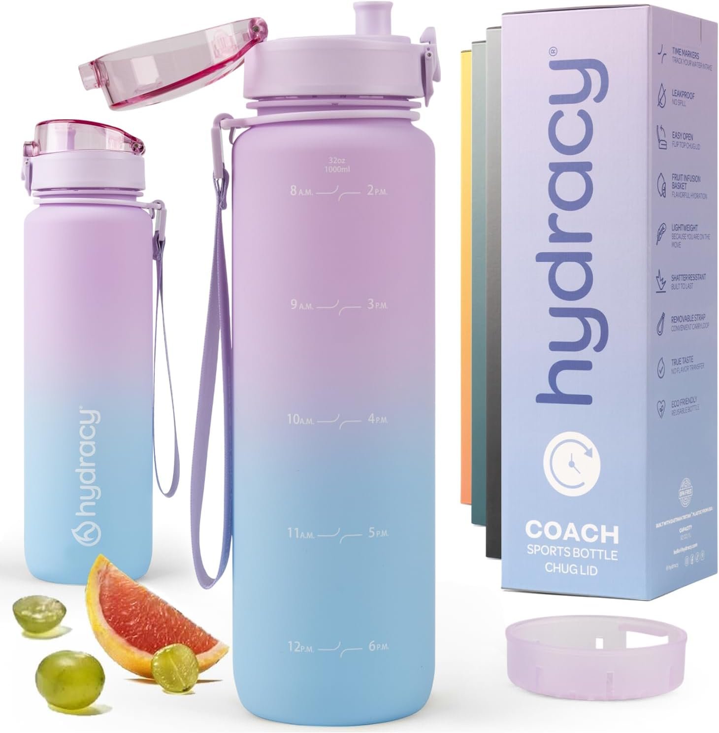 Hydracy Water Bottle with Time Marker -Large 32oz BPA Free Gradient Water Bottle – Leak Proof Gym Bottle with Fruit Infuser Strainer & Times to Drink -Ideal for Fitness Sports & Outdoors