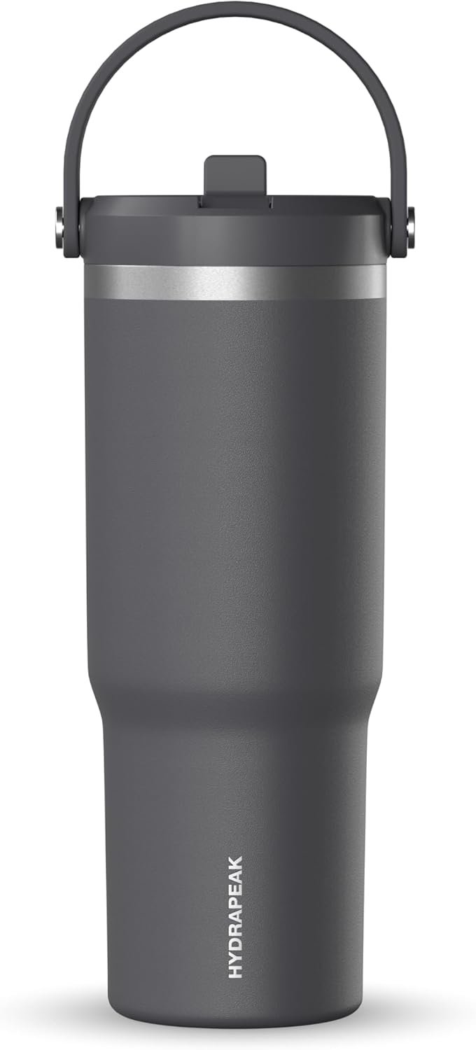 Hydrapeak Nomad 32oz Insulated Stainless Steel Travel Tumbler with Handle & Straw Lid, Leakproof, Cupholder Friendly, Keeps Drinks Cold 24 Hours, Reusable Bottle for Daily Hydration (Grey Matter)