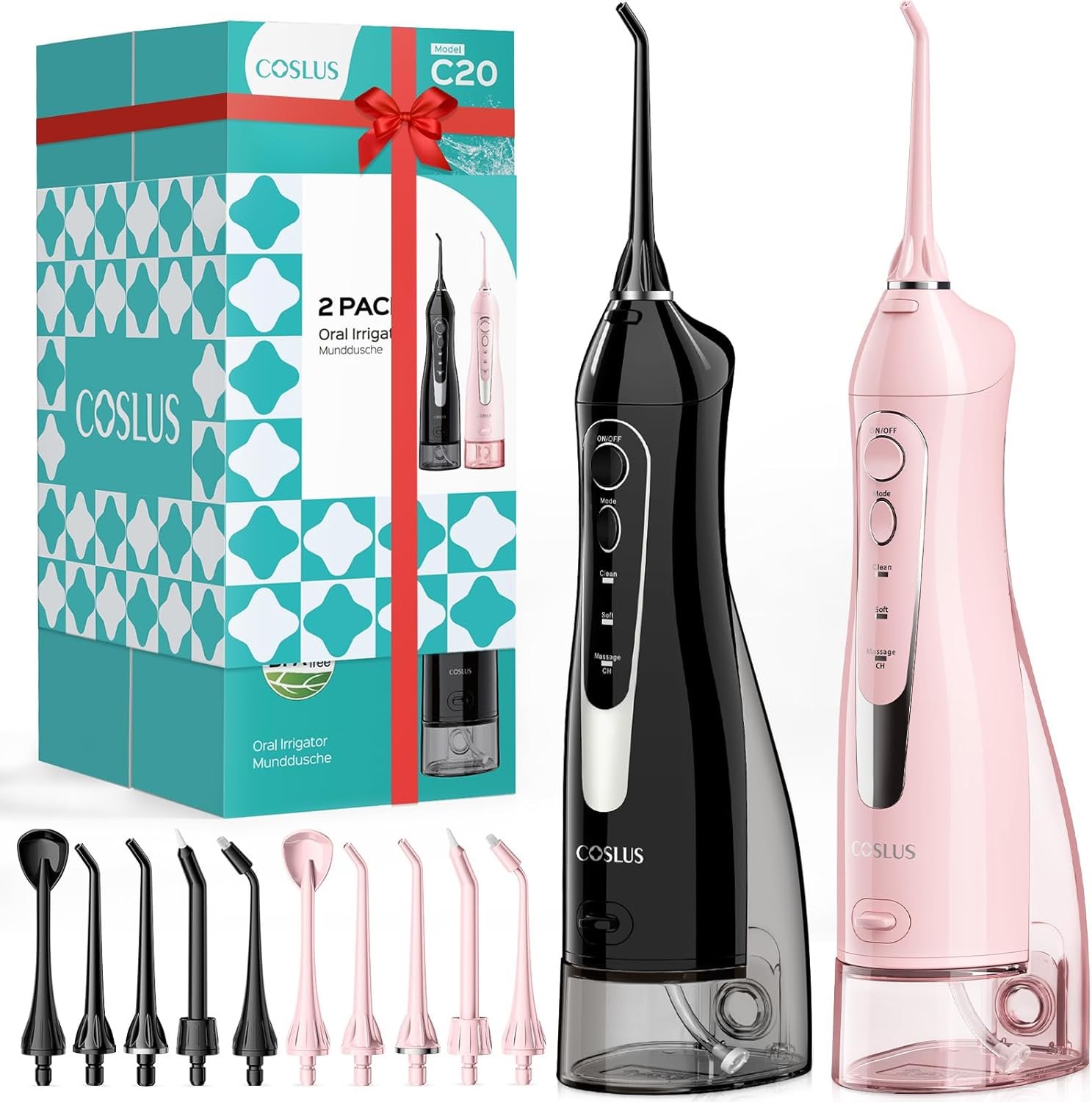 COSLUS 2 Pack Cordless Water Flosser with Elegant Packaging for Teeth, Braces, Gums Care – Easy to Use, Rechargeable, Waterproof, Portable for Travel, BPA-Free, Black & Pink, C20(F5020E)