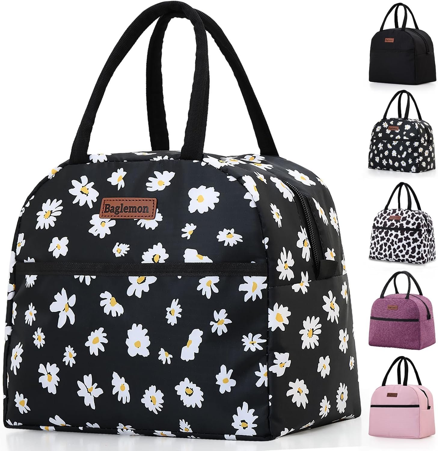 Baglemon Insulated Lunch Bag for Women Men, Lunch Containers Reusable High Capacity Lunch Tote Bags for Work Picnic (Blackdaisy)