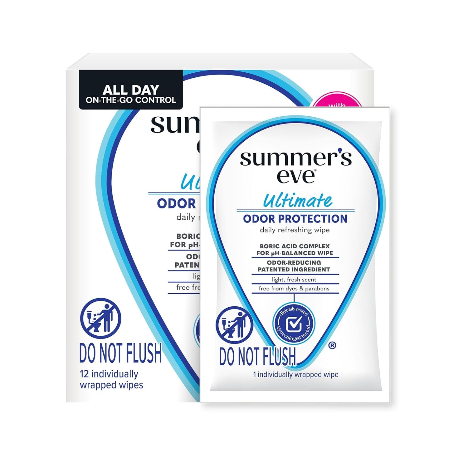 Summer’s Eve Ultimate Odor Protection Daily Feminine Wipes, Gentle pH-Balanced Formula with Boric Acid Cleanses & Removes Vaginal Odor, Individually Wrapped Body Wipes, 12 Count