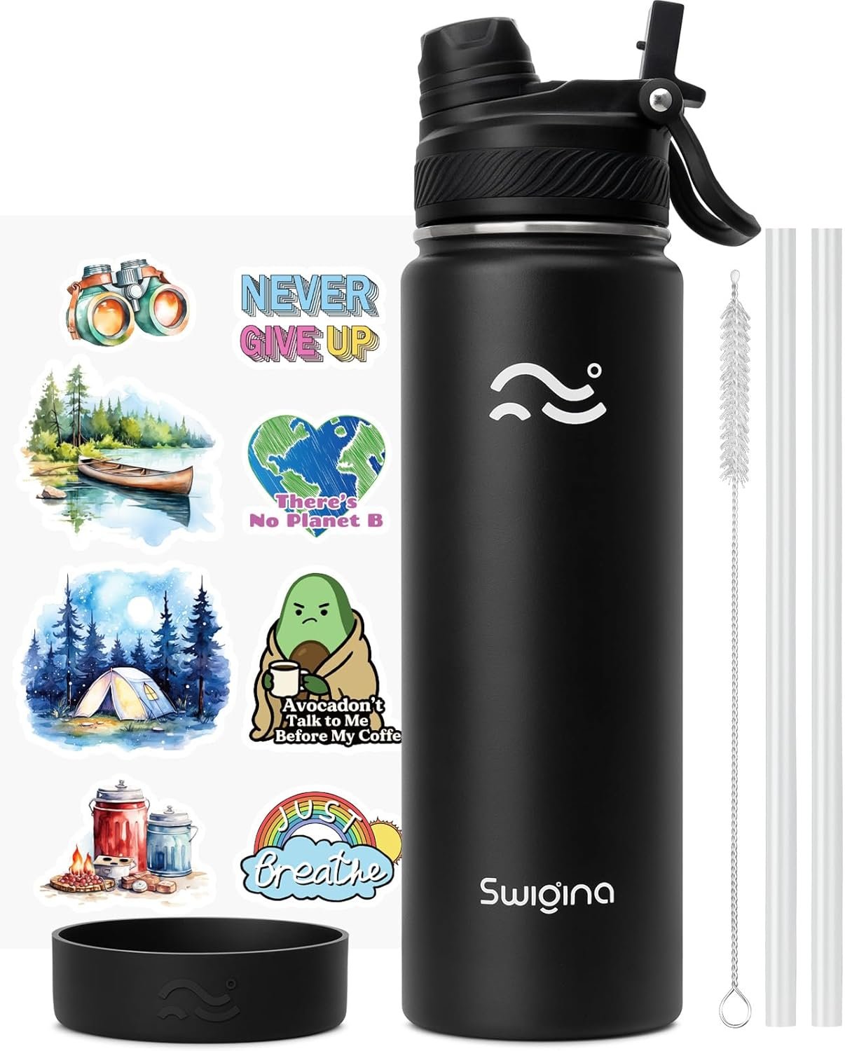 Swigina Insulated Water Bottle with Silicone Boot (36hrs Cold/18hrs Hot) – DIY Stickers, Leakproof, BPA Free, Black, 24 oz [2-IN-1 LID]