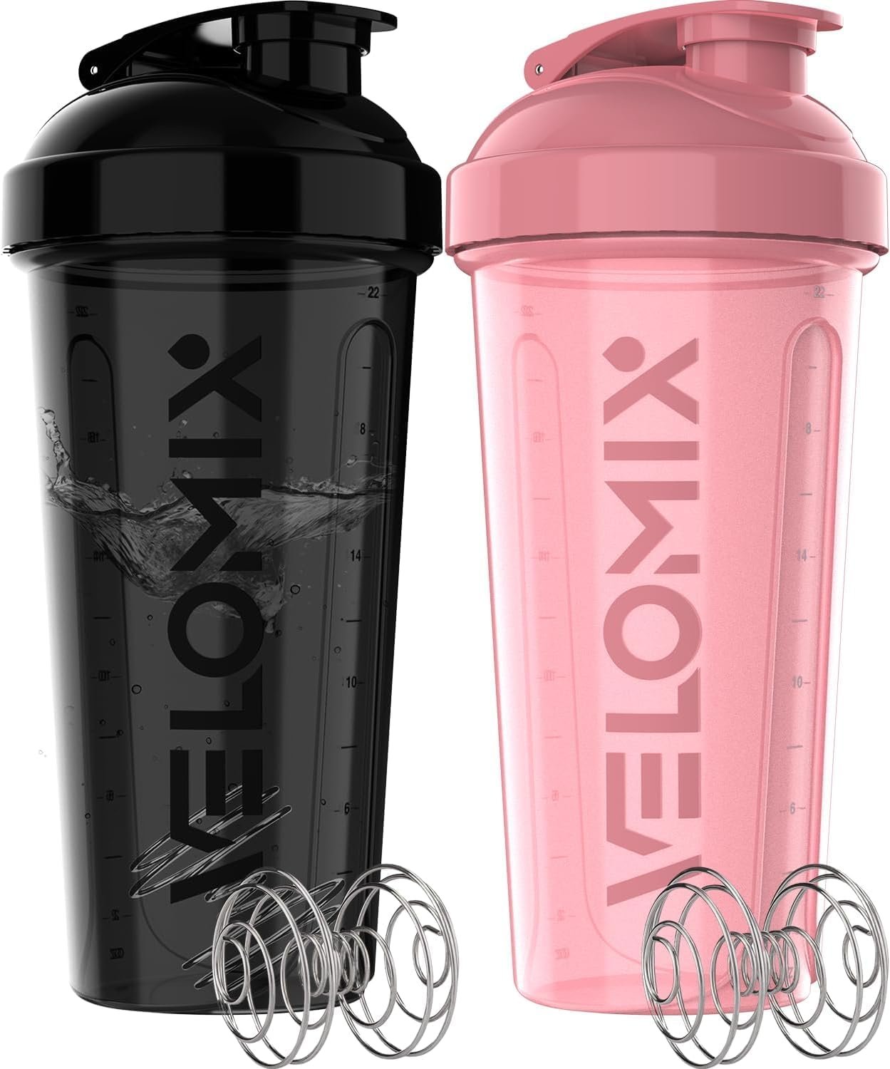 VELOMIX -2 Pack- 28 oz Protein Shaker Bottles for Protein Mixes – 2x Wire Whisk | Leak Proof Shaker Cups for Protein Shakes and Pre Workout | Protein Shaker Bottle Pack (A7) Mixed Flowers