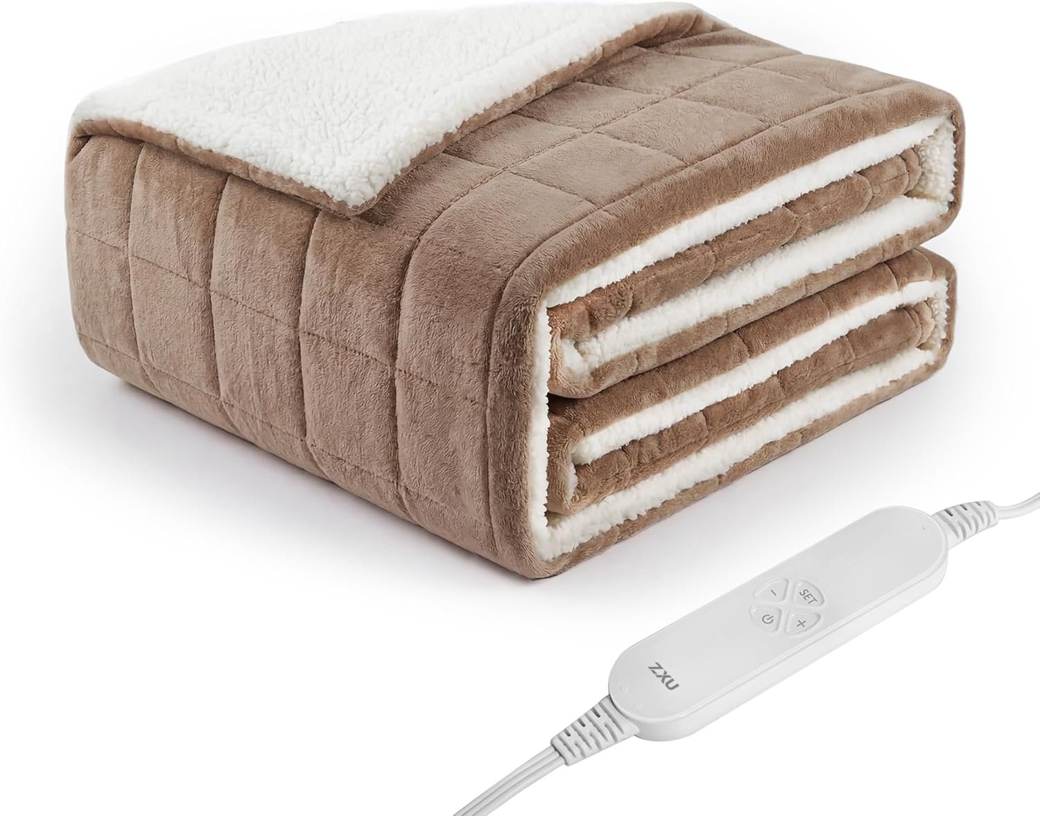ZXU Weighted Heated Blanket，Heated Weighted Blankets for Adult ，50″x60″，12 Lbs，Heavy Blanket for Women Men with 12 Heating Levels & 1-24 Hour Auto-Off，Brown