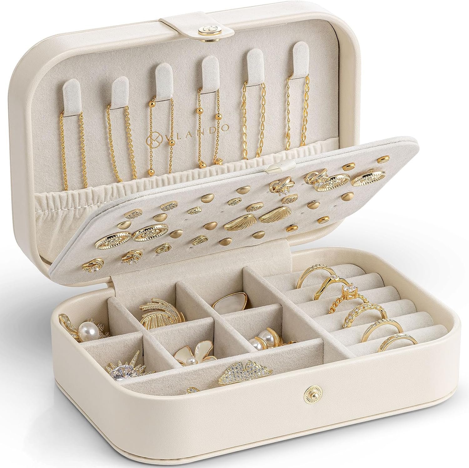 VLANDO Travel Jewelry Case for Women Girls, Gifts for Mother, PU Leather Small Jewelry Box for Rings, Necklaces, Bracelets, Earring Holder Organizer Storage for Travel Essentials – Beige