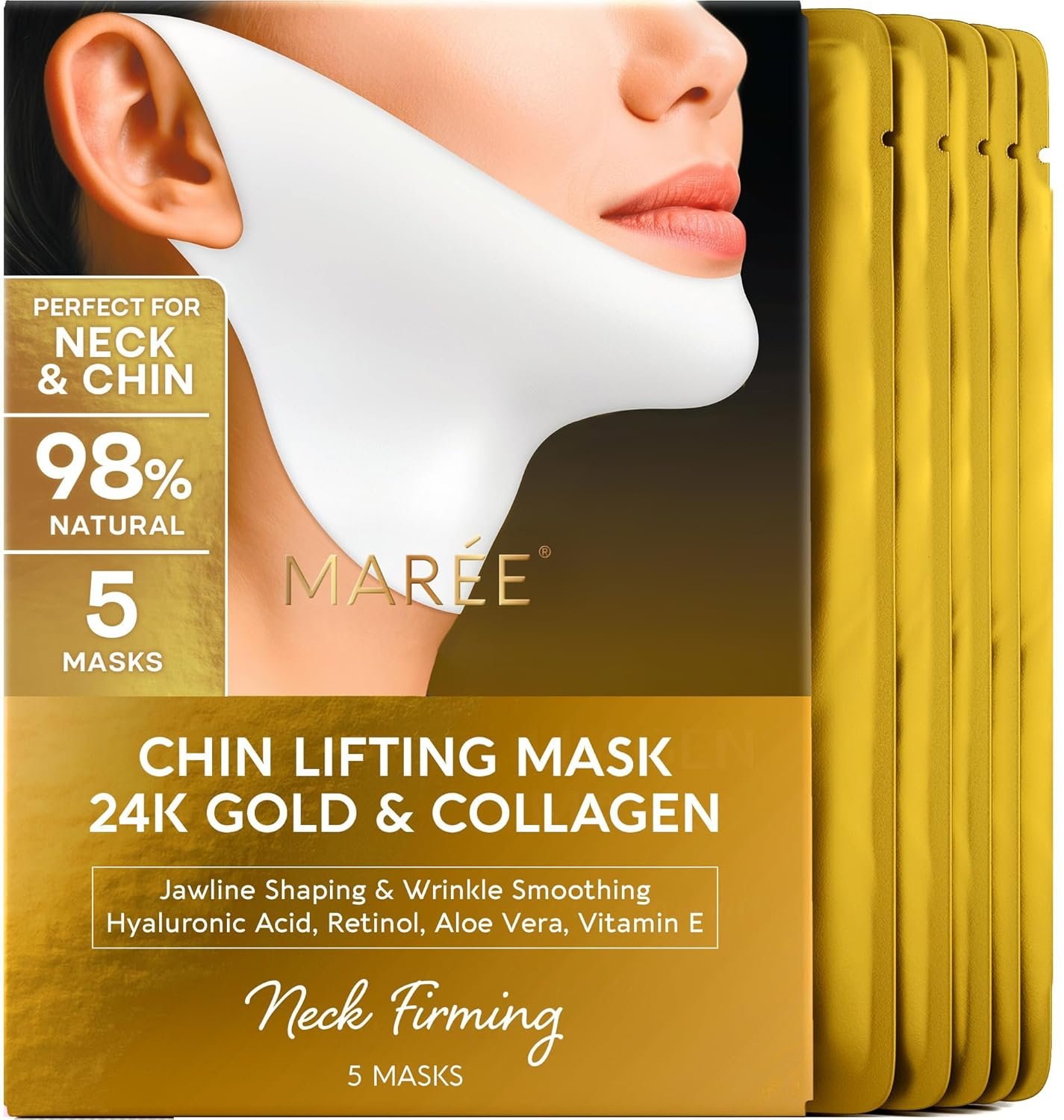 MAREE V Line Lifting Mask with 24K Gold – Deep Collagen Face Mask for Women – Jawline Shaper Mask with Retinol & Hyaluronic Acid – Neck Tightening & Firming – Double Chin Strap for Face Lift