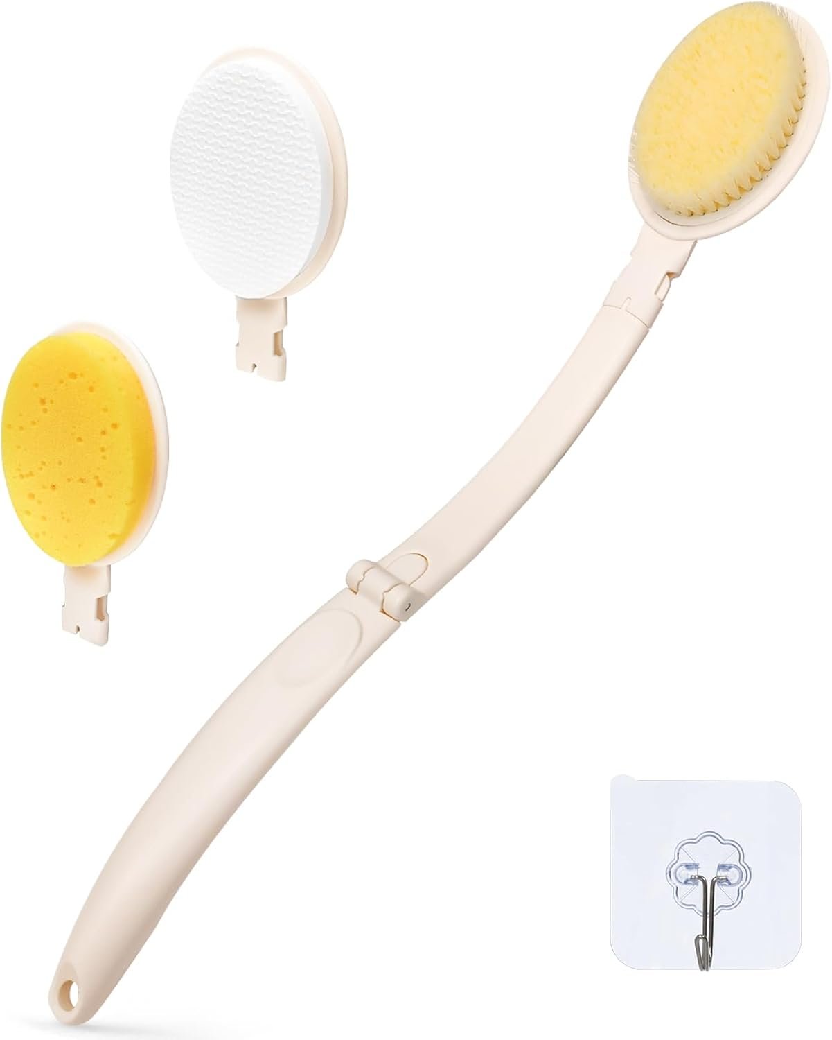 LFJ 19″ Long Handle Shower Sponge Brush Set, 3 in 1 Body Brush, Bath Sponge and Lotion Applicator Improved Skin Health, Suitable for Men and Women (White Brush-1P)