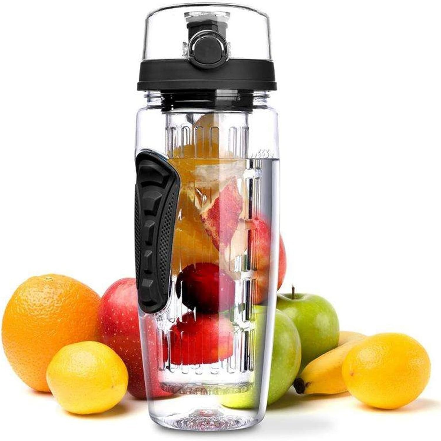 Buachois 32oz Fruit Infuser Water Bottles,Leakproof Space Bottle Single Layer PCTG Cup Fruit Brewing Water Bottles,Anti Slip Grip Top Lid Infused Water Bottles for Women Men(A)