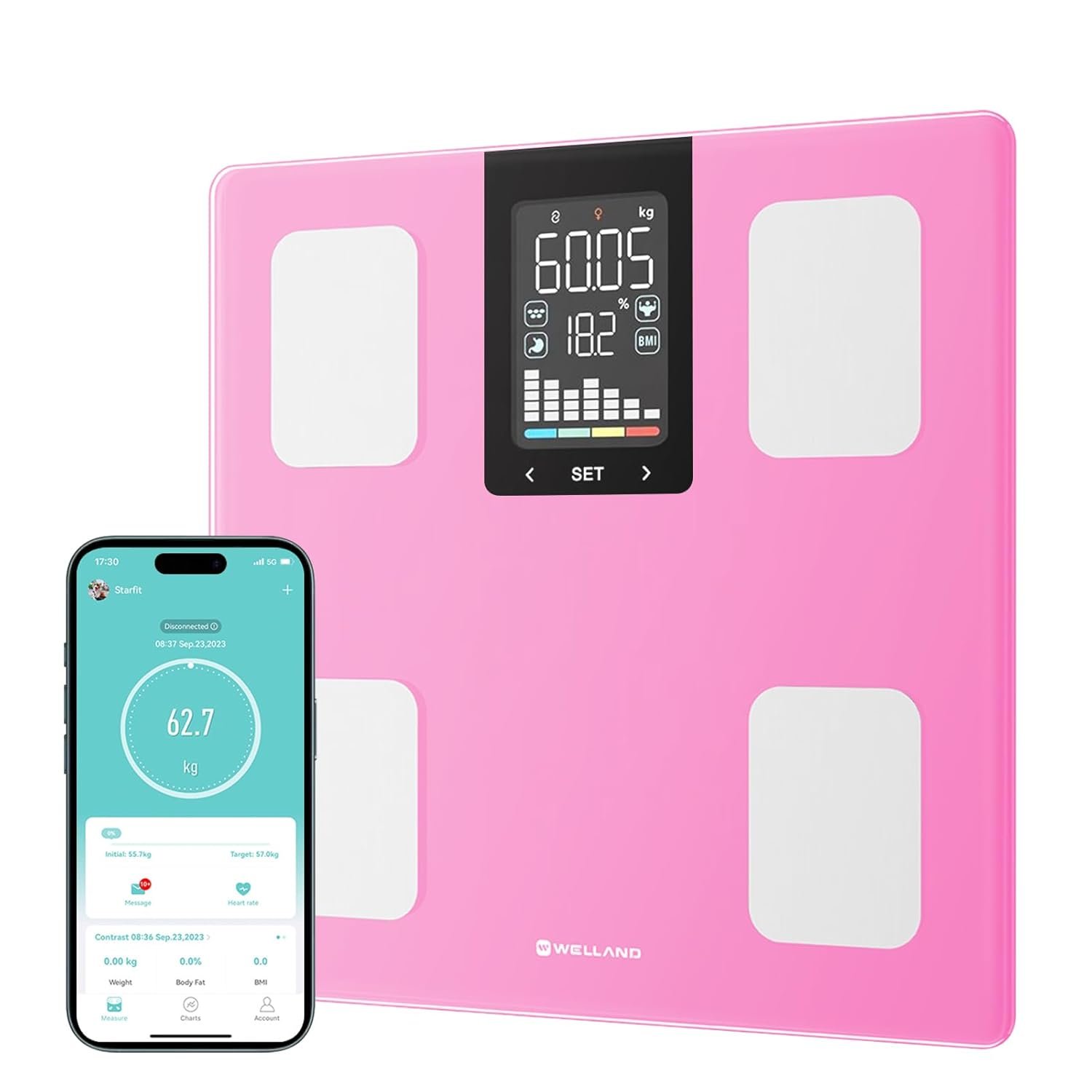 FITDAYS Smart Body Fat Scale, Bluetooth Composition Analyzer, 400lbs (Pink, 11″/280mm)