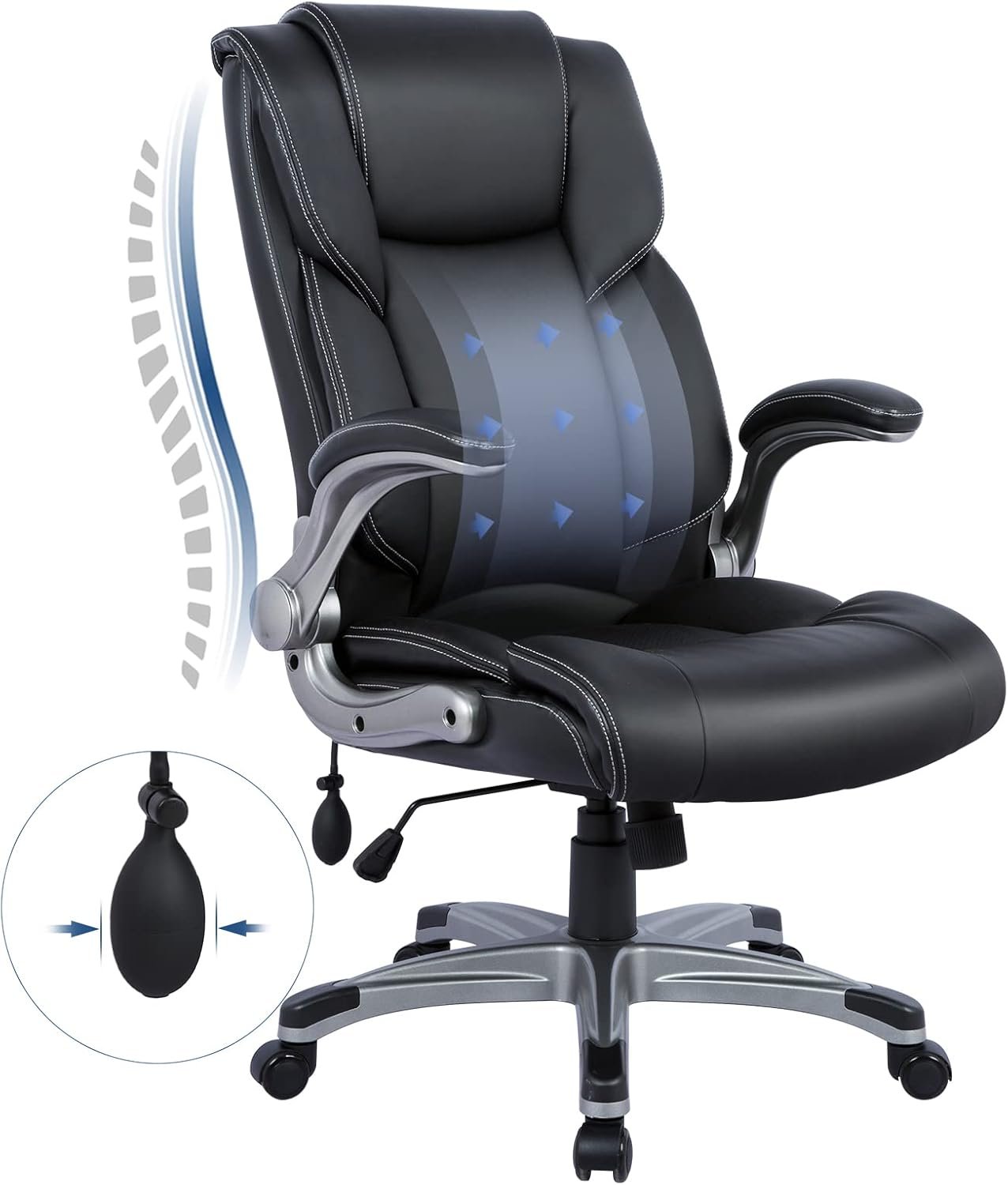COLAMY High Back Executive Office Chair – Padded Leather Ergonomic Computer Desk Chair with Inflatable Lumbar Support & Flip-Up Arms, Adjustable Tilt Lock Swivel Task Chair for Home Office, Black