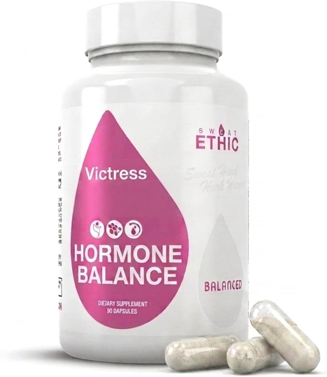Sweat Ethic Victress, Hormone Balance Support for Women with KSM-66 Ashwagandha, DIM, Biotin, Folic Acid, Dandelion Root, Cayenne Pepper & Vitamin D3, Daily Wellness Formula, 90 Easy to Take Capsules
