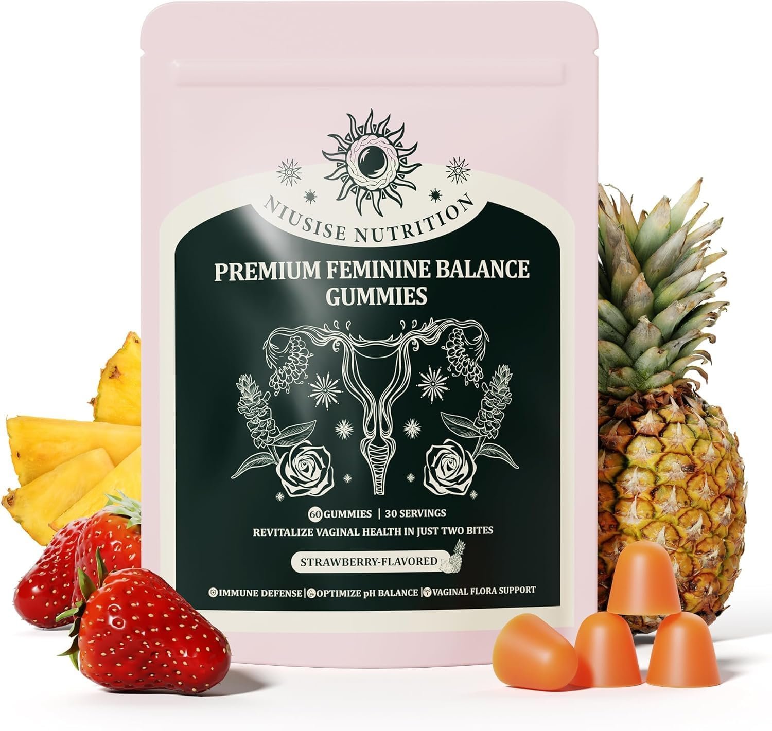NIUSISE Feminine Balance Gummies, Premium Balance Supplement for Women PH Health, Immune Support, Energy Support, Vegan, Gluten-Free, Strawberry Flavor, Delicious 60 Gummies, 1 Pack 30 Servings