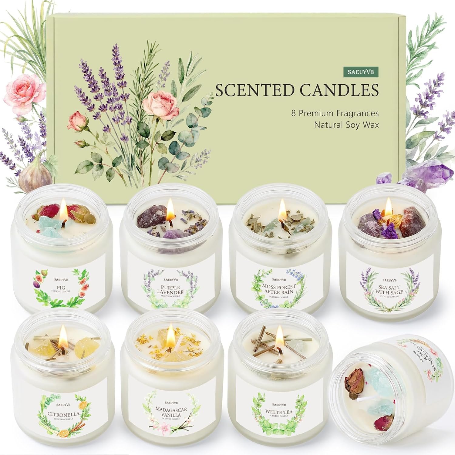Scented Candles for Home,8 Pack Soy Candles Gift Set for Women,Aromatherapy Candle with Crystals Inside-Perfect for Mother’s Day,Valentine’s Day, Birthdays, Anniversaries,Christmas