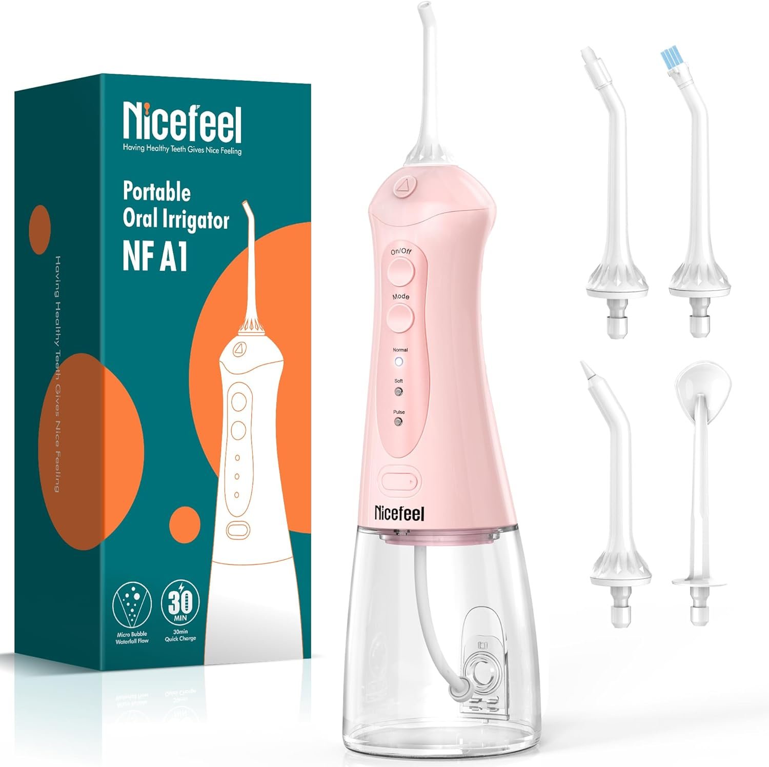 Nicefeel Water Flosser, Portable Water Flosser Cordless for Teeth, Orthodontic, Braces, Sensitive Gums, 5 Jet Tips & 3 Modes, Travel Oral Irrigator Rechargeable with 300ML Water Tank, IPX7 Waterproof