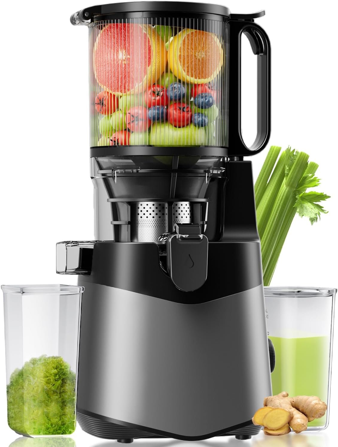 EanOruus Cold Press Juicer, 5.8″ Wide Feed Chute Juice Extractor Machine with 400W, High Juice Yield, Slow Masticating Juicer for Whole Vegetables & Fruits, Dark Grey