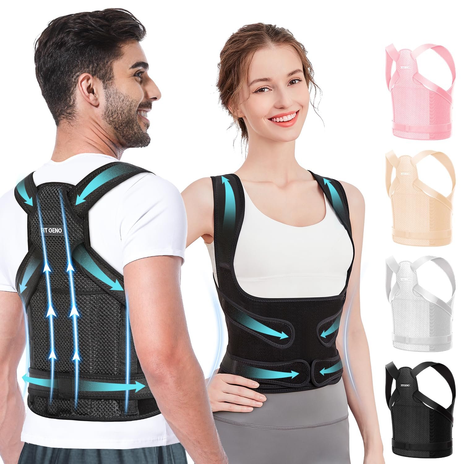 Fit Geno Back Brace Posture Corrector for Women and Men, Shoulder Straightener, Adjustable Full Back Support, Upper and Lower Back Pain Relief – Scoliosis, Hunchback, Thoracic, Spine Corrector (L)
