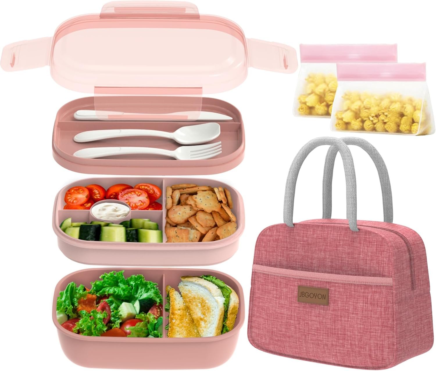 JBGOYON® Bento Lunch Box Set – 3 Stackable Containers for Adults and Kids，lunch box for women- Includes Lunch Bag, Leak-Proof and BPA-Free – Built-in Utensil Set – Dishwasher Safe (Pink)