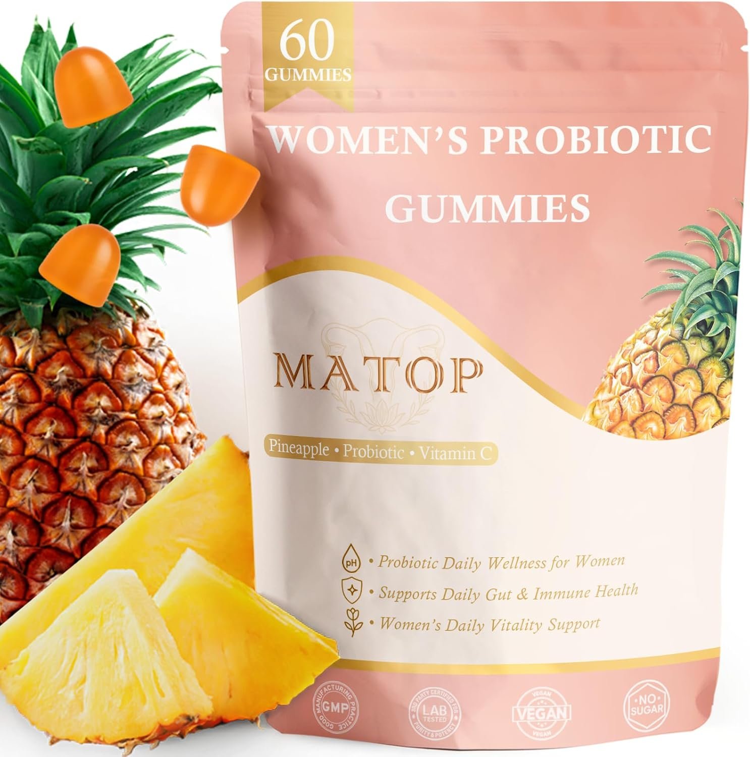 MATOP Women’s Probiotic Pineapple Gummies – Gut Health & Daily Digestive Wellness, Vegan Sugar-Free, 60 Count