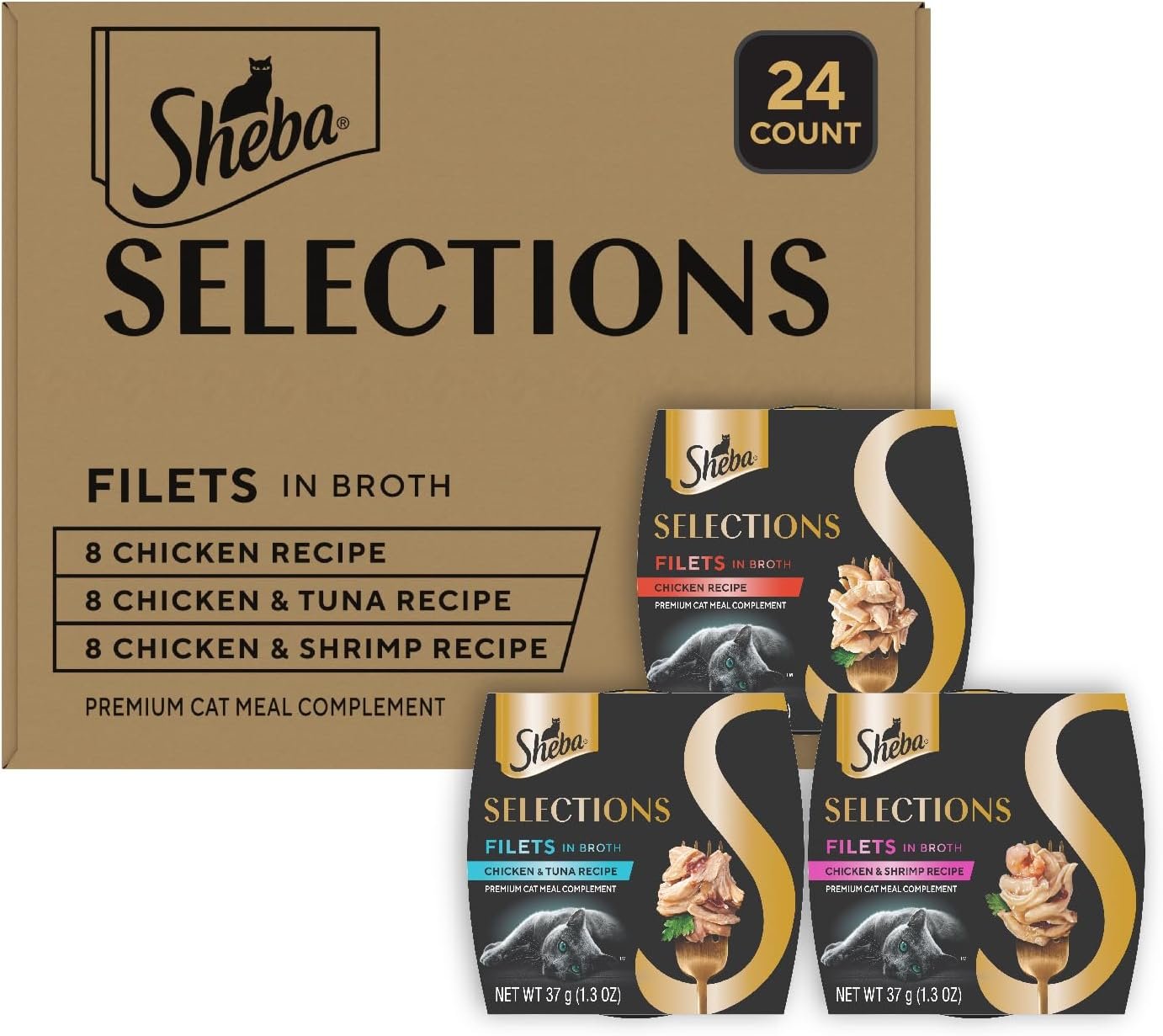 Sheba Selections Filets in Broth, Adult Cat Food Wet Recipe, Meal Complement, Wet Cat Food Variety Pack, Chicken, Chicken & Tuna, or Chicken & Shrimp Recipe, 1.3 oz. Cups, 24 Count