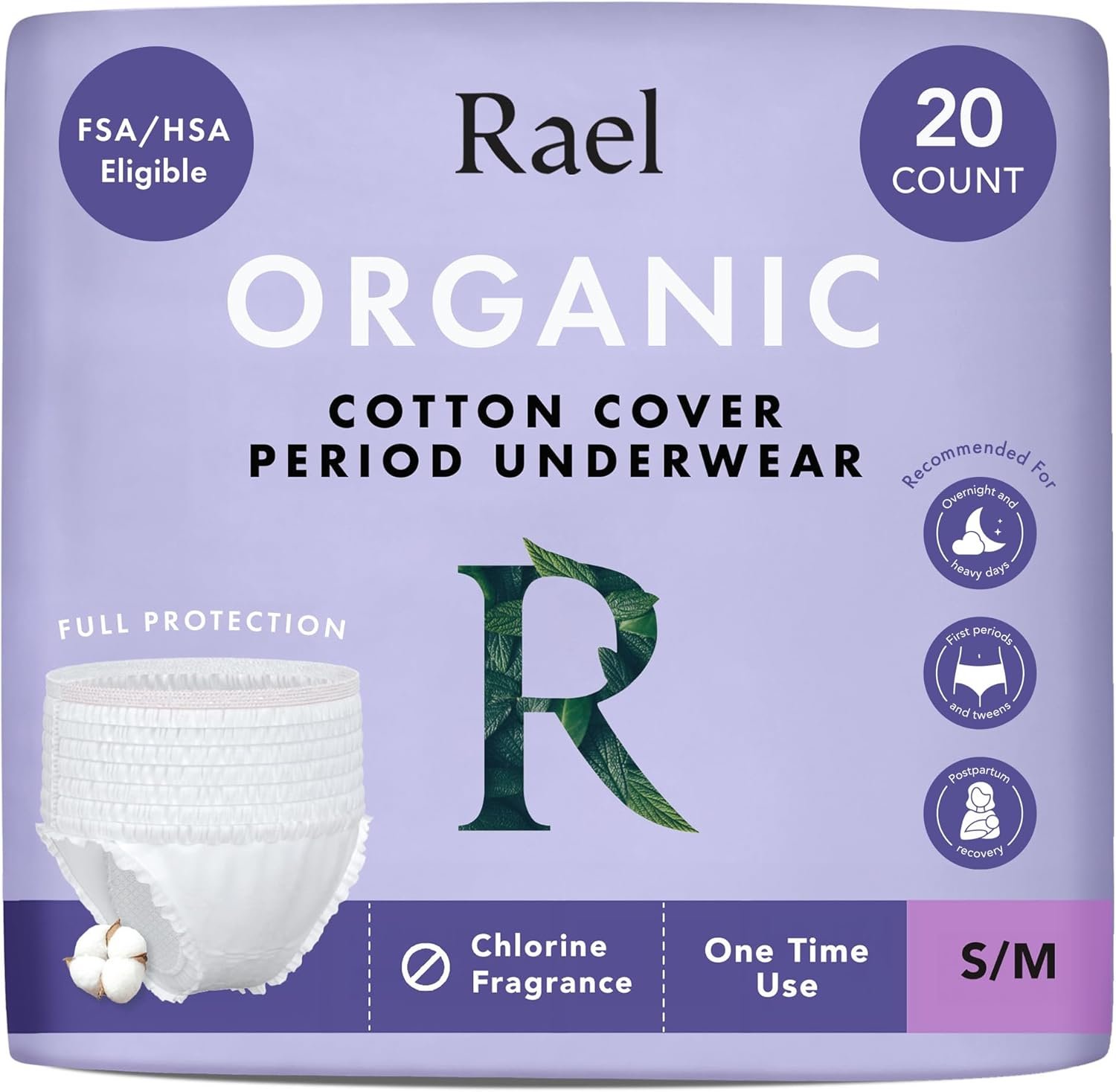 Rael Disposable Underwear for Women, Organic Cotton Cover – Postpartum Essentials, Leak Locker, Unscented, Maximum Coverage (Size S-M, 20 Count)