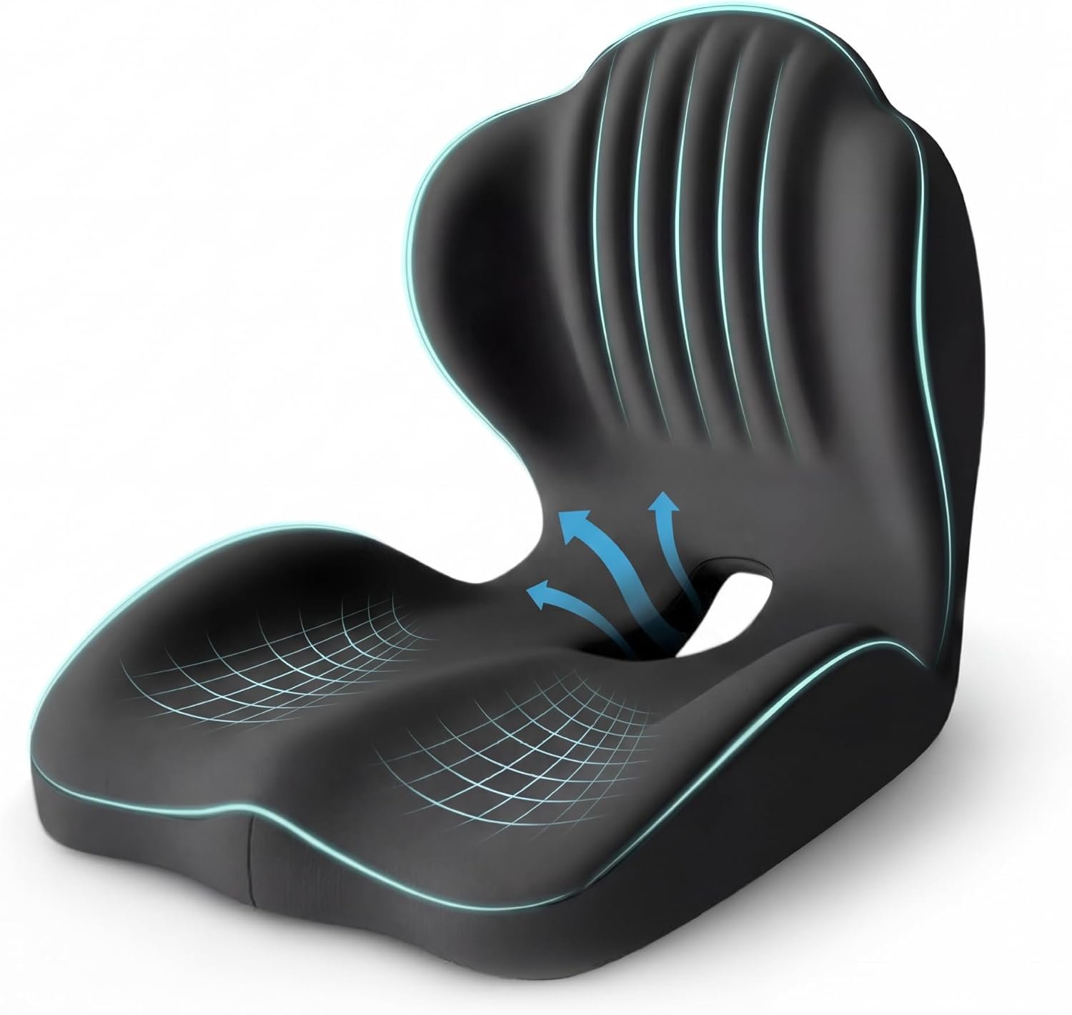Ergonomic Waist Support and Seat Cushion, 2-in-1 Memory Foam Pad, Hollow Design for Coccyx, Suitable for Office Chairs, Car Safety Seats and Household Use – Relieves Lower Back and Hip Pain (Black)