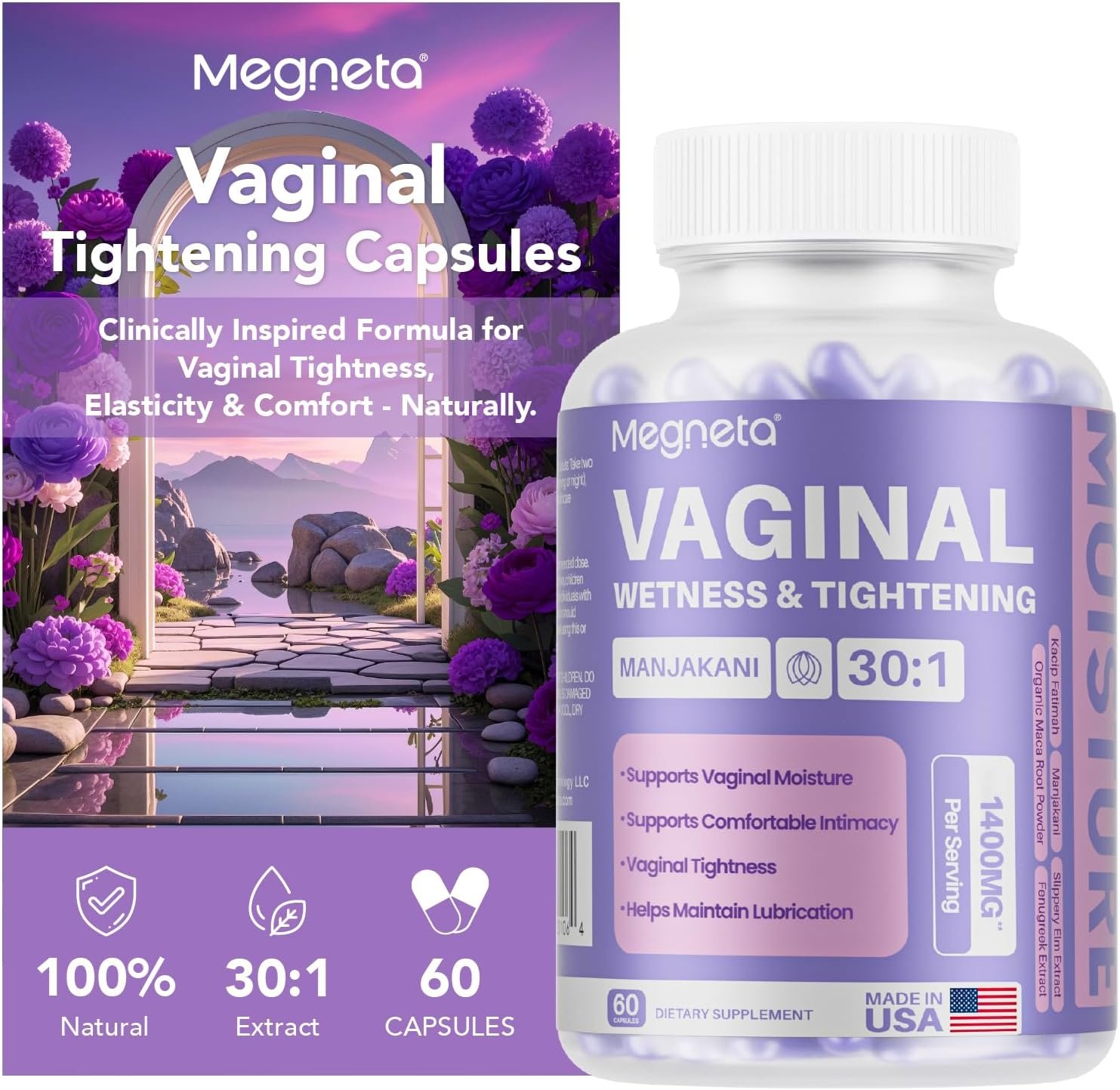 Vaginal Tightening Capsules for Women – Kacip Fatimah, Manjakani & Slippery Elm – Supports Feminine Firmness, Elasticity & Intimate Moisture – 60 Vegan Capsules