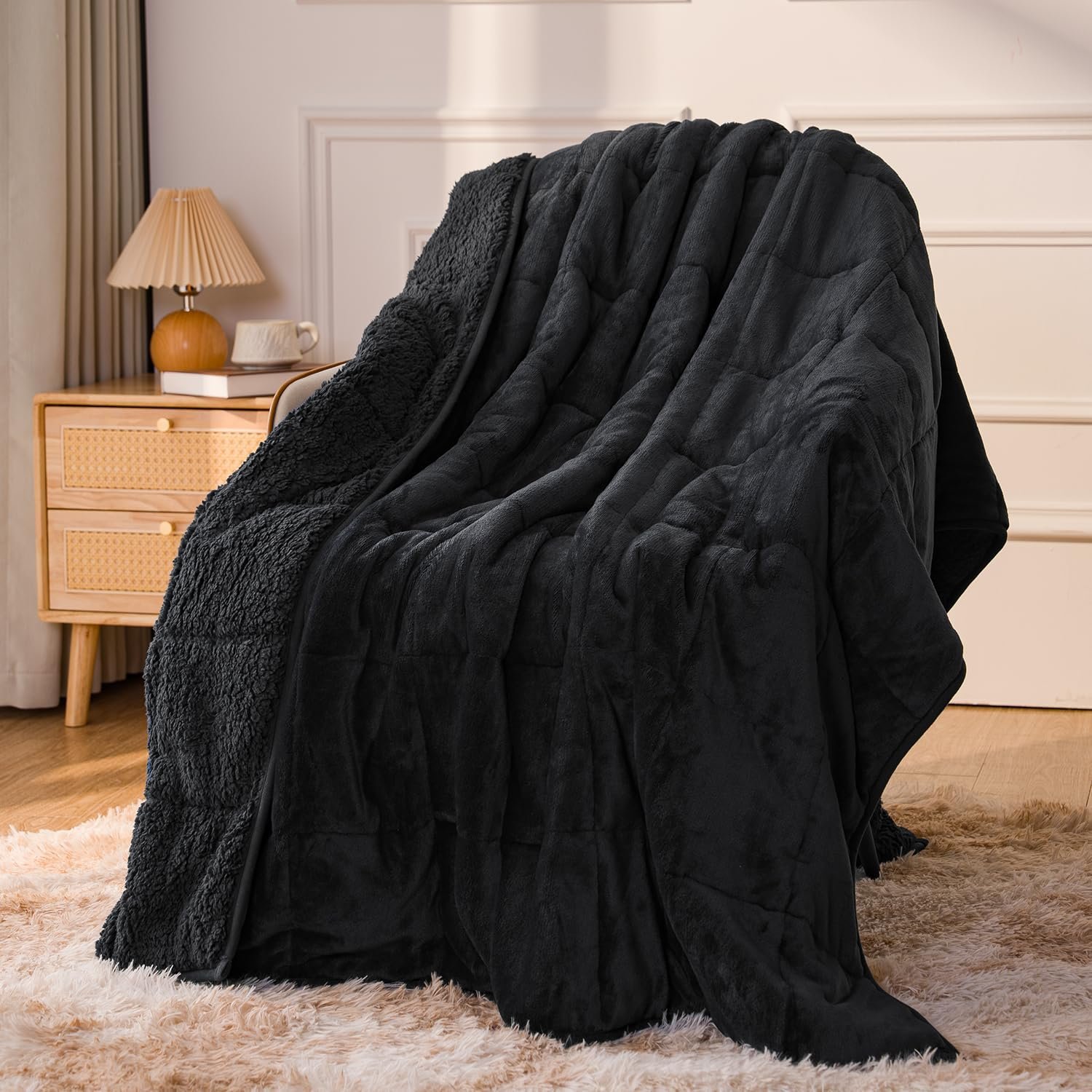 Sivio Weighted Blanket for Adult, 15 lbs Sherpa Heavy Throw with Fleece Reversible, Queen Size, Weighted Blanket for Men and Women Deep Sleeping, 60 x 80Inches Dual Sided Black