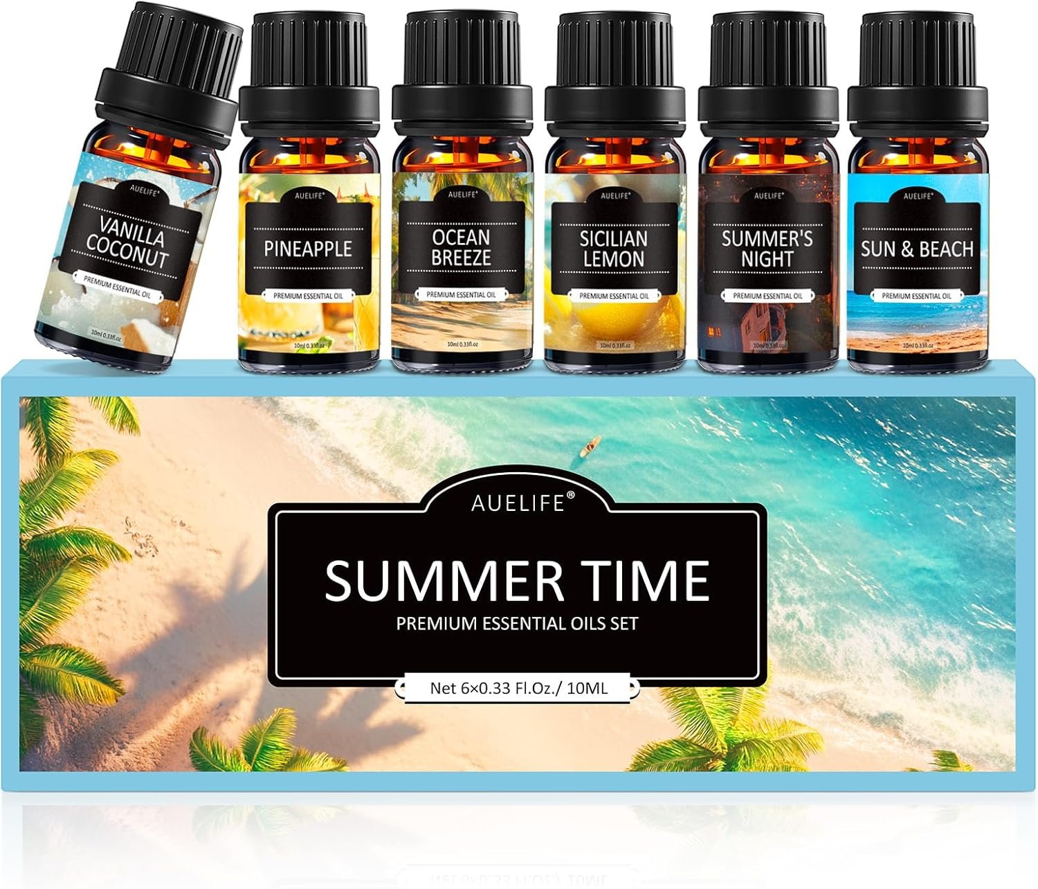 Summer Essential Oils for Diffusers for Home, 6X10ml Fragrance Oils Set, Aromatherapy Oils for Candles Making – Coconut, Pineapple, Beach, Breeze, Lemon, Summer Night | Gift Set for Women, Home, Spa