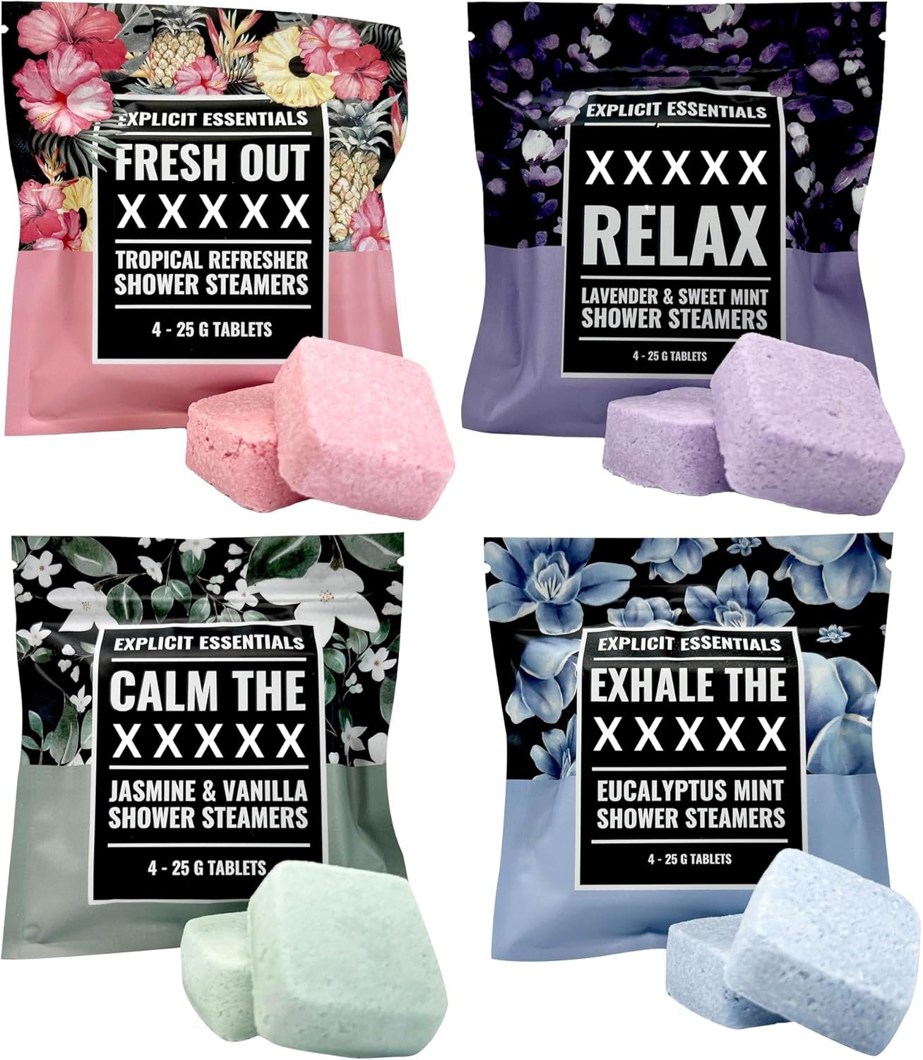 Explicit Essentials Shower Steamers Gift Set | 4 Funny Handmade Aromatherapy Shower Bombs | Relaxation & Stress Relief Spa Gift for Self-Care, Birthdays & Holidays