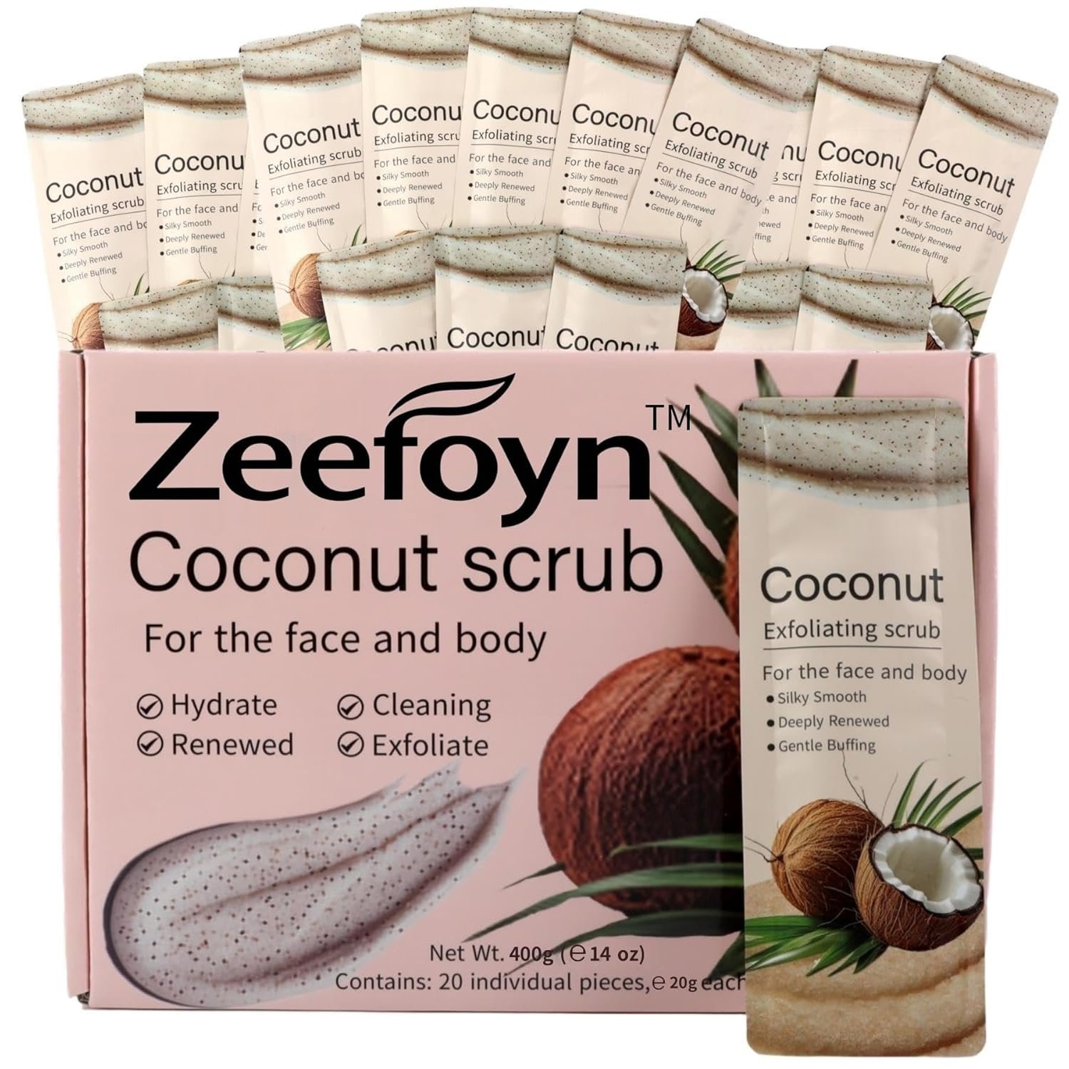Coconut Body Scrub Gift Set – 20g Each, 20 Individually Wrapped Packs – Travel Size Exfoliating Sugar Scrub Bulk Set with Coconut Scent