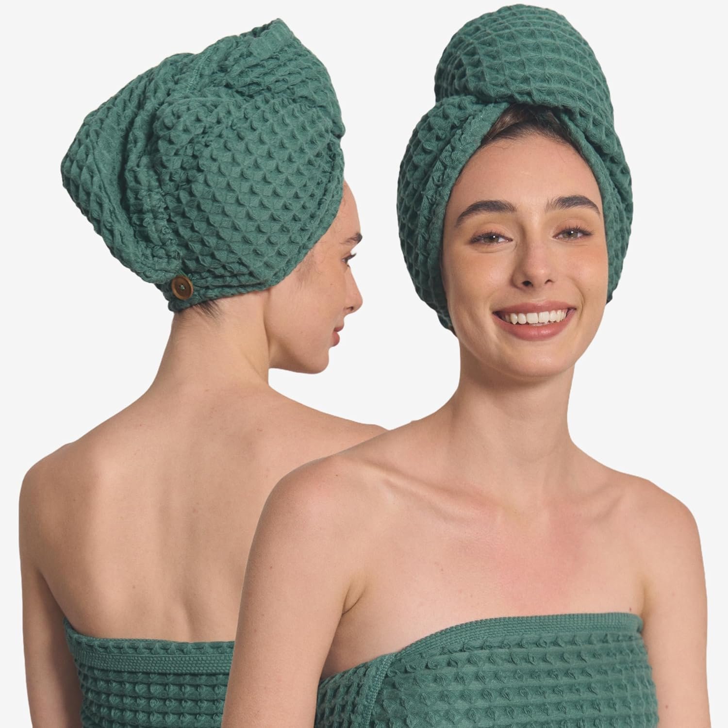 Luxury Organic Japanese Cotton Hair Drying Waffle Towel Wrap for Women | Absorbent, Quick-Dry Head Turban for Shower, Sauna, Spa | Extra Large for Long, Curly, Straight Hair With Button (Green, 1 Pc)