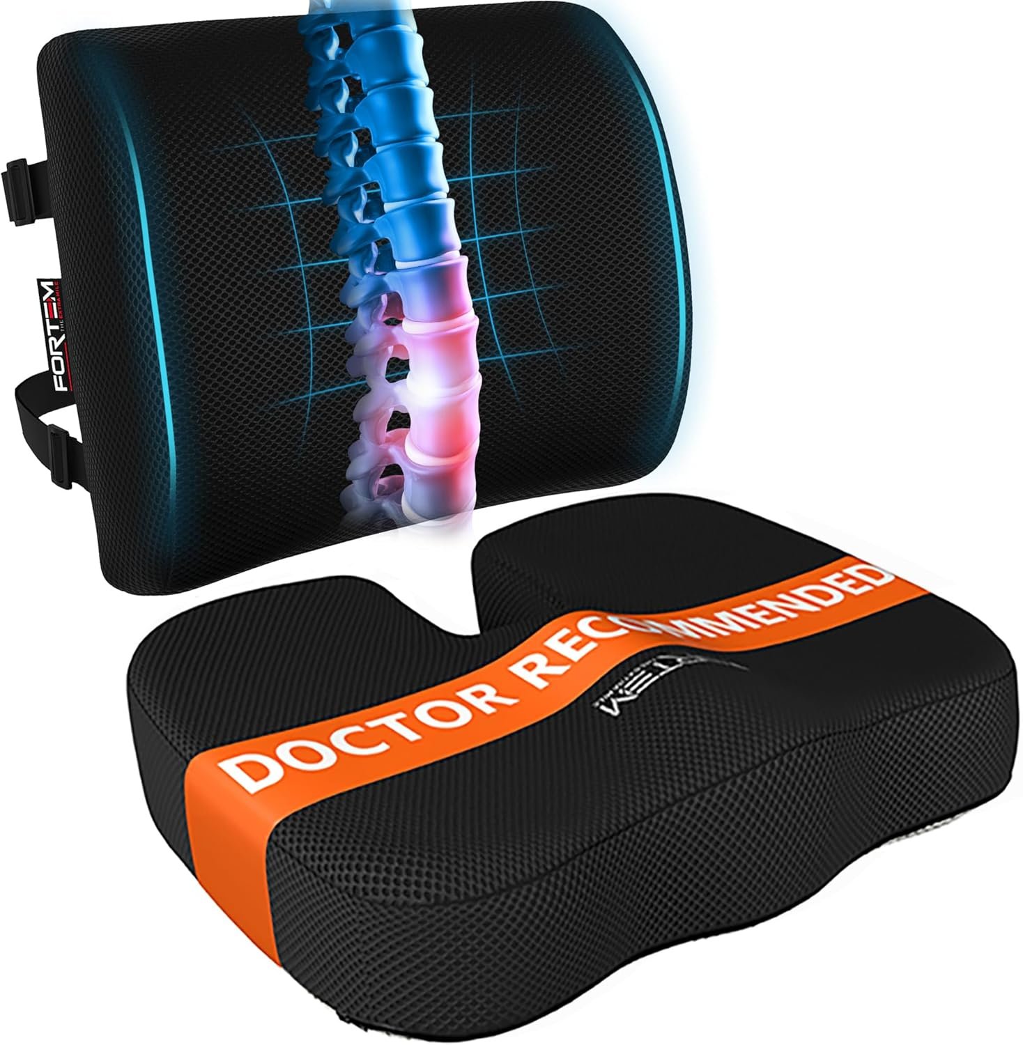FORTEM Seat Cushion, Office Chair Cushion, Lumbar Support Pillow for Office Chair, Memory Foam Car Seat Cushions, Sciatica Coccyx Tailbone Pain Relief, Cushions for Back Support, Washable, Non Slip