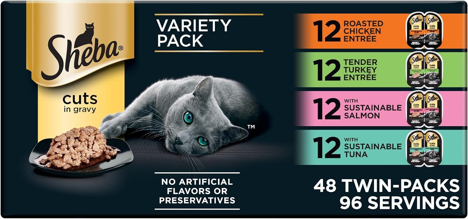 Sheba Perfect Portions Wet Cat Food Cuts in Gravy, Roasted Chicken Entree, Tender Turkey Entree, with Sustainable Salmon, and with Sustainable Tuna, 2.6 oz. Twin-Pack Trays (48 Count, 96 Servings)