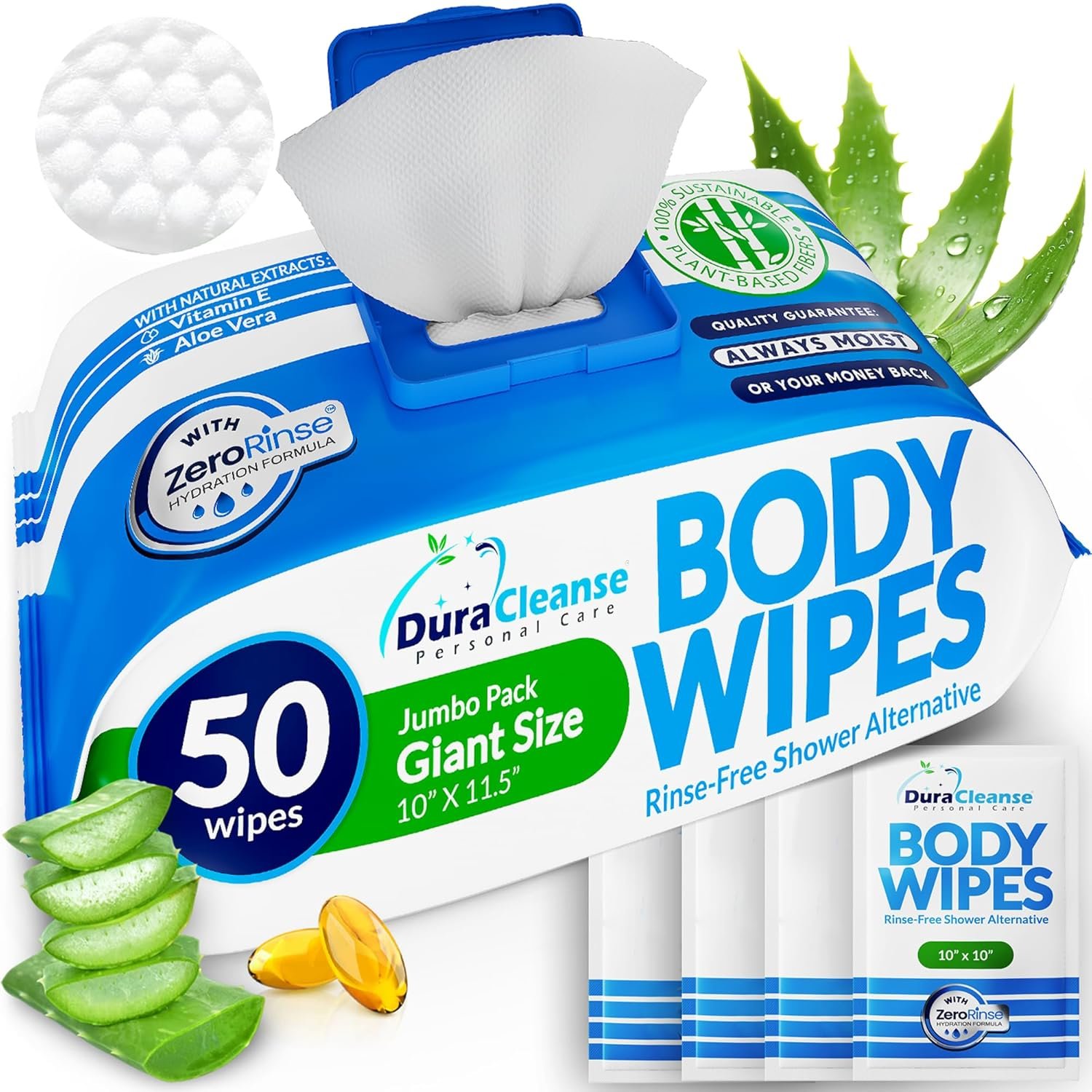 XL Body Wipes for Adults Bathing – 50 Ct + 4 Travel Shower Wipes 10 x 11.5″ Thick Cleansing No Rinse Bath Wash Sheets for Elderly, Incontinence, Men & Women, Camping Essentials Disposable Washcloths