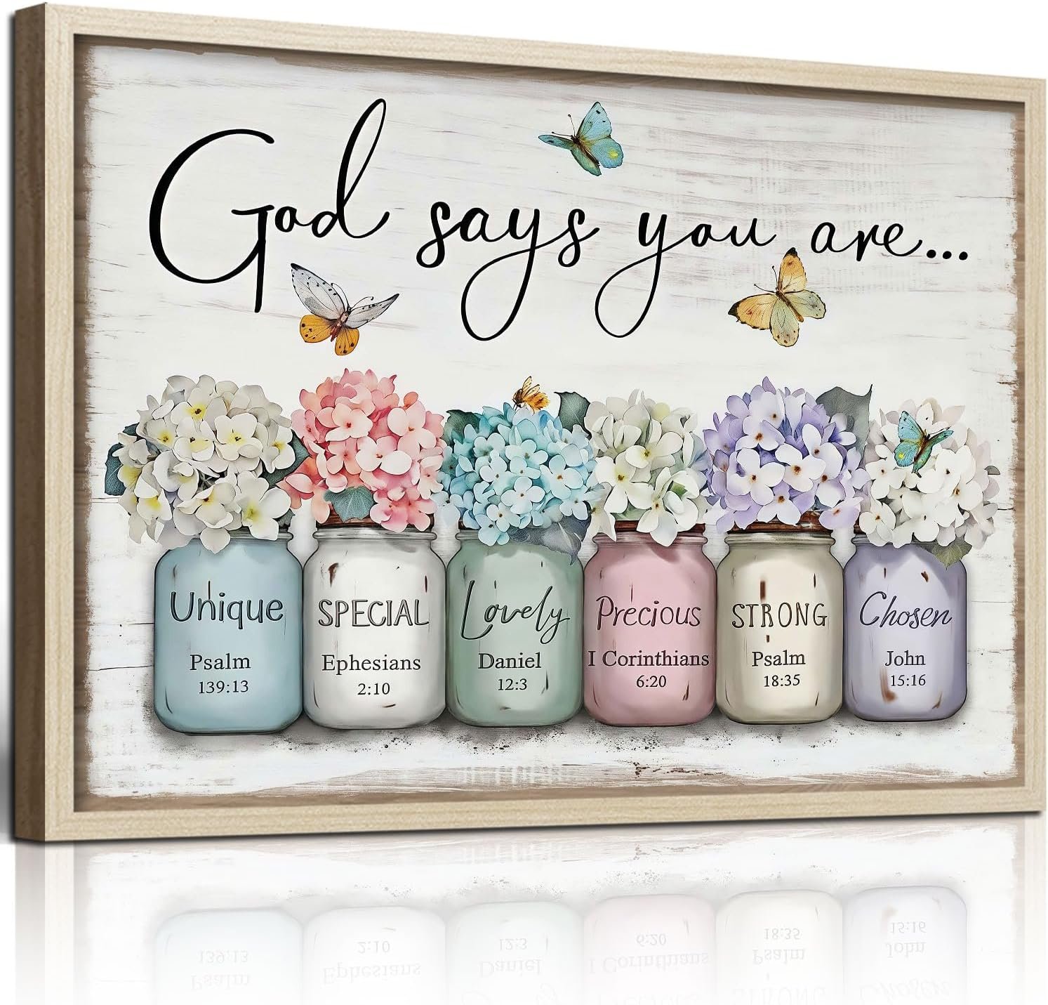 God Says You Are Wall Decor – Bible Verse Framed Canvas Print, Hydrangea Wall Art Mason Jar Floral Print – Inspirational Christian Poster, Perfect for Women Girls Bedroom Decor,12×16 Inch