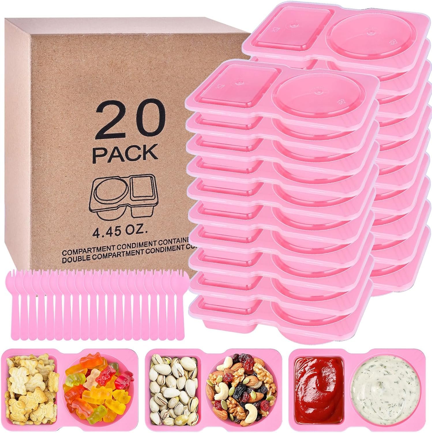 20 Pack Reusable Snack Containers with Lids – Double Compartment Condiment Snack Pack Containers with 20 Forks, Microwave Safe Portion Control Containers for Meal Prep, Take-out, Party & Travel(Pink)