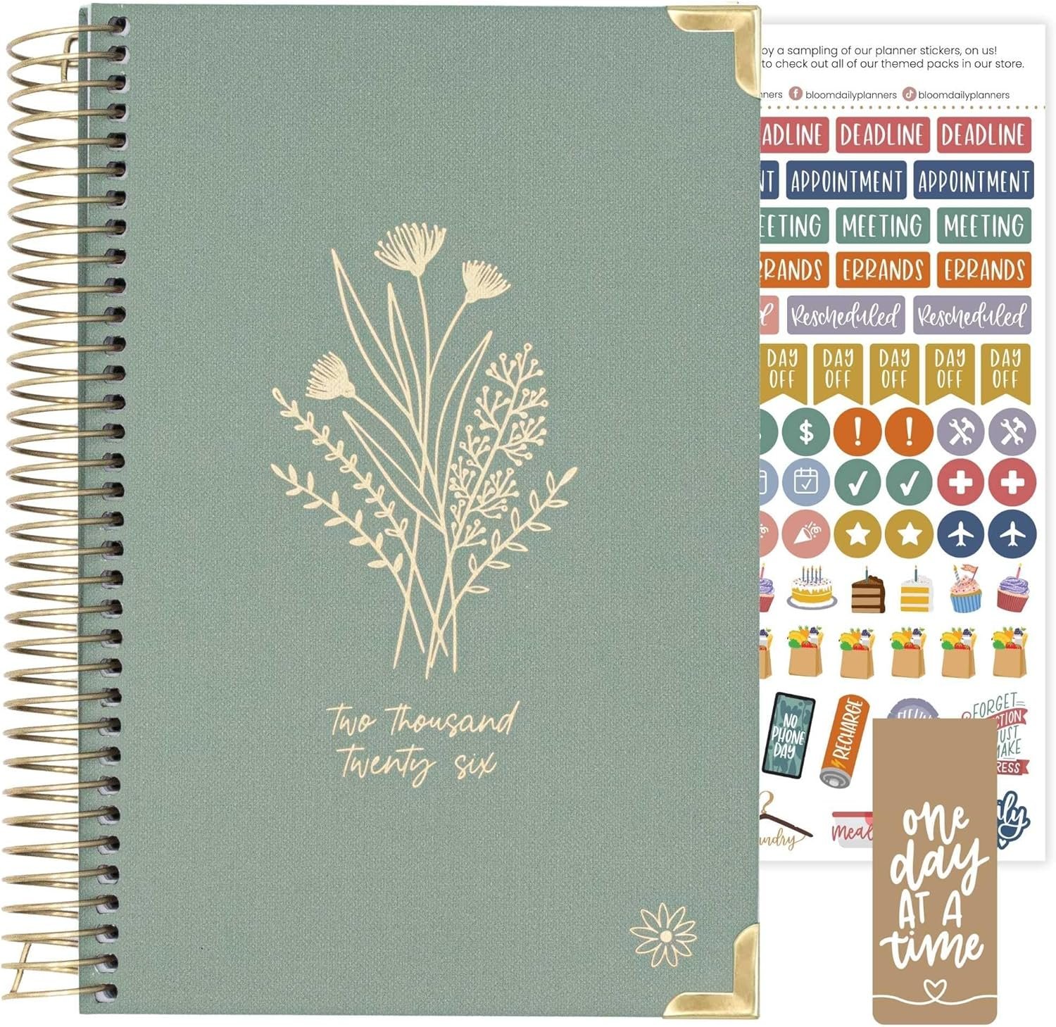 bloom daily planners HARDCOVER 2026 Planner (January to December) – A5 Task Goal Planner for Women – Monthly & Weekly Inspirational Agenda Book – 5.5″ x 8.25″ – Linen, Green