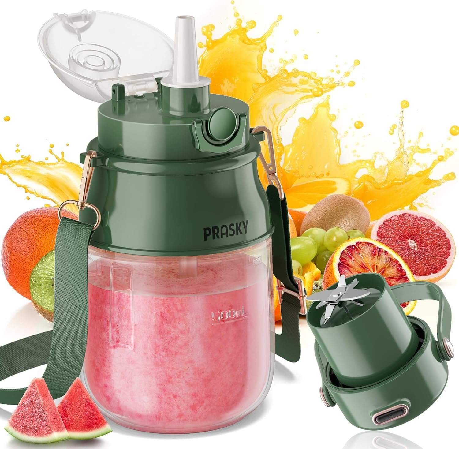 Portable Blender, Prasky Personal Blenders for Shakes and Smoothies with 27oz Cup, Lid and Shoulder Strap, Type-C USB Rechargeable, Personal Size Blenders BPA-free for Travel/Kitchen(Green)