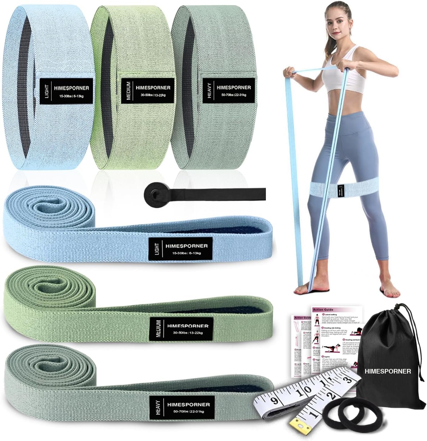 HIMESPORNER 9 PCS Fabric Resistance Bands Set for Working Out, Non-Slip Exercise Booty Bands for Women & Men Leg and Glutes with Hair Ties and Tape Measure – for Home Gym Workout, Yoga, Pilates