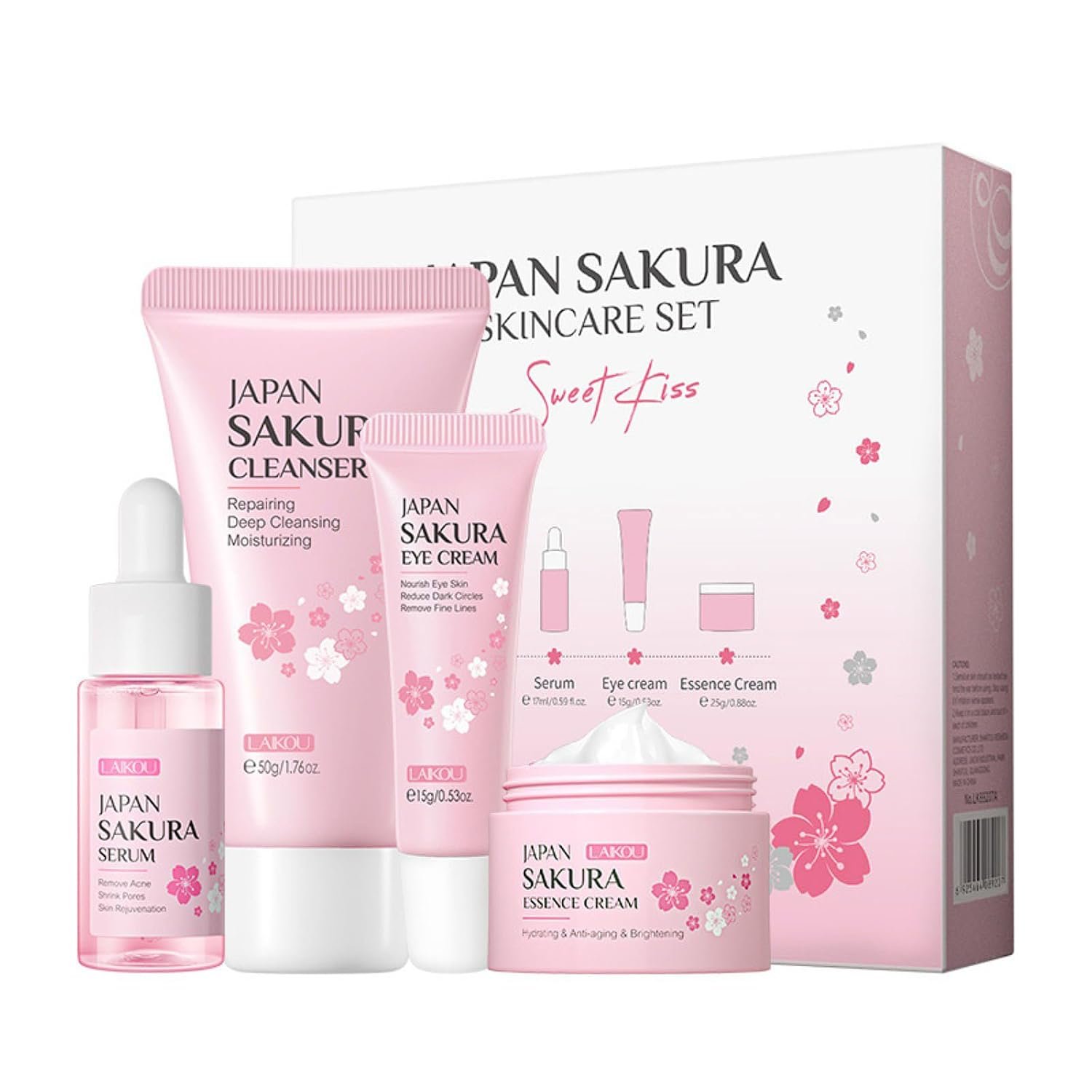 Skin Care Kit Korean Skincare Set for Teen Girls & Women, Travel Sizes Cherry Blossom Hydrating Cleanser, Anti-Aging Serum, Moisturizer, Eye Cream – Skin Radiant Gentle Clean Mini Holiday Gift (4PC)