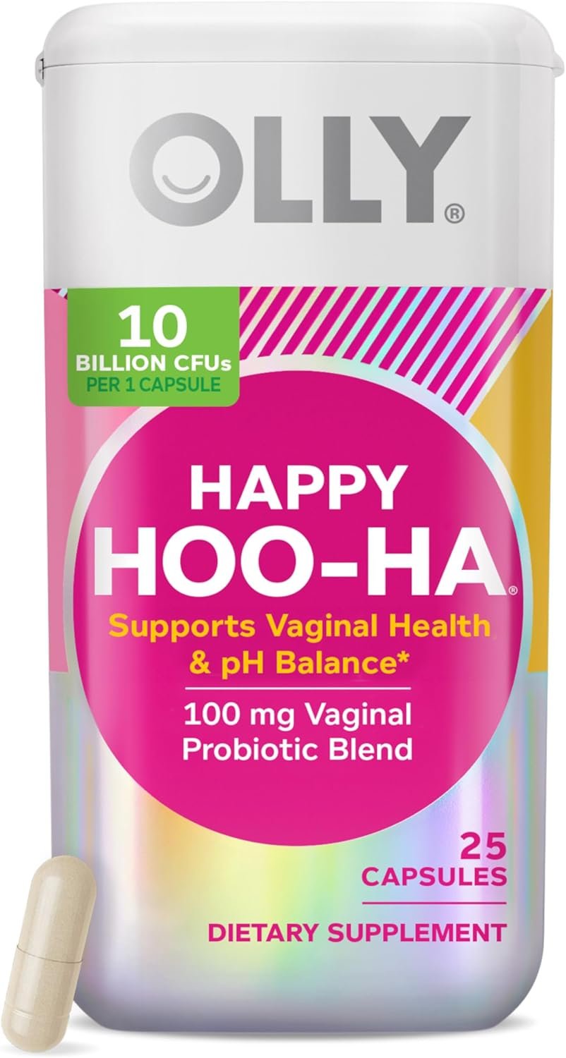 OLLY Happy Hoo-Ha Capsules, Vaginal Probiotics for Women or People with Vaginas, Vaginal Health and pH Balance,* 10 Billion CFU Per Capsule – 25 Count