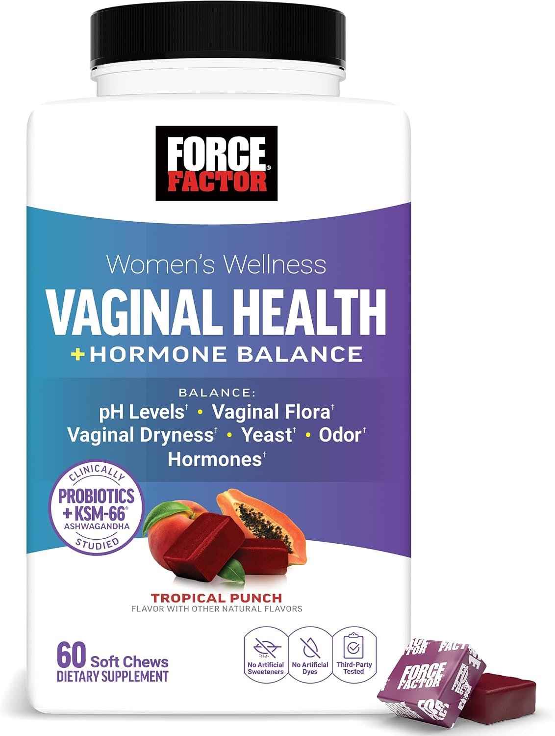 Force Factor Vaginal Health Probiotic Supplement for Women with KSM-66 Ashwagandha & 5B CFUs for pH Balance, Vaginal Flora & Hormone Balance Support, Women’s Wellness, Tropical Punch, 60 Soft Chews