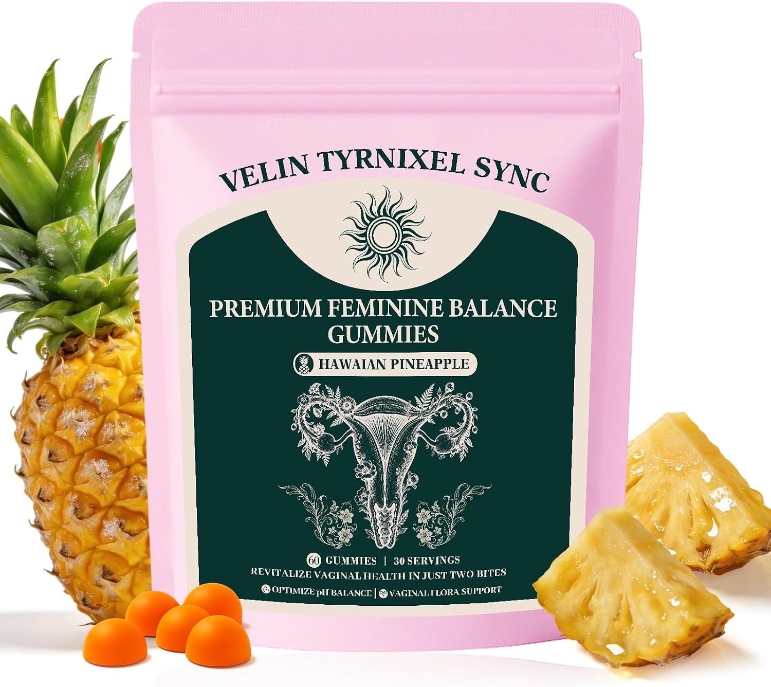 Vaginal Probiotic Gummies for Women, Sugar-Free Pineapple, 60 Count | Prebiotic and probiotic formula for feminine wellness, pH balance, daily digestive and immune support; vegan pineapple gummie
