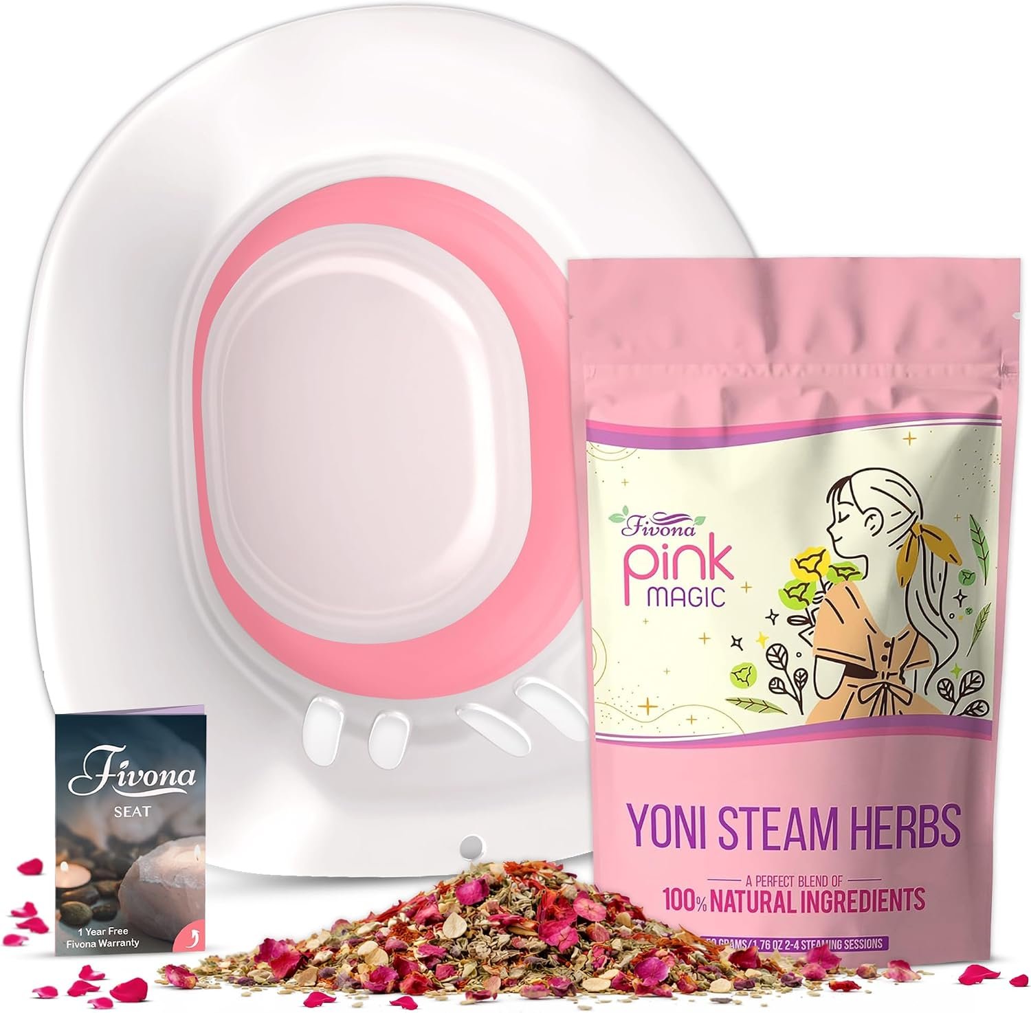 Fivona Yoni Steam Kit 2-in-1 Bundle of Steaming Seat with Pink Magic Herbs Bundle – at Home V-SPA Cleansing Set for Toilet Bowl – Detox and Rejuvenate with All-Natural Herbal Therapy