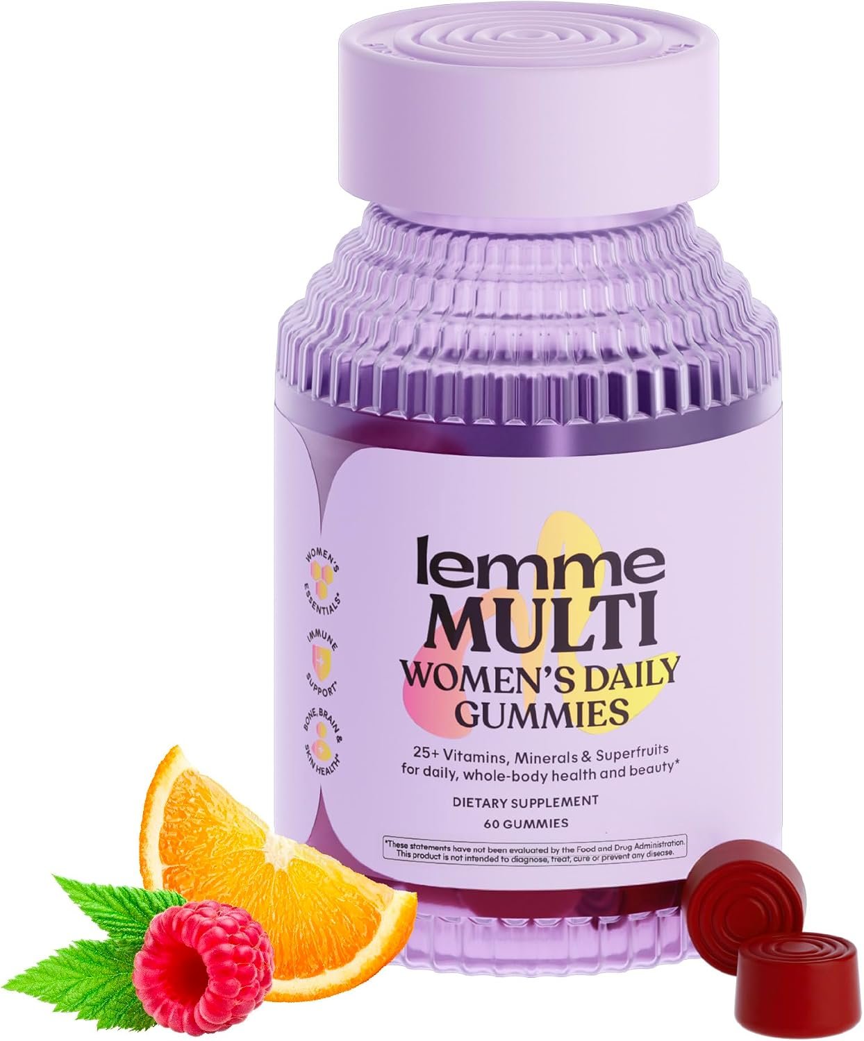 Lemme Women’s Multivitamin Gummies, Daily Nutritional Support with Vitamins A, C, D, E, Biotin, Folic Acid, Zinc & Inositol, Bone, Brain, Skin & Immune Health, Raspberry Orange, 30-Day Supply