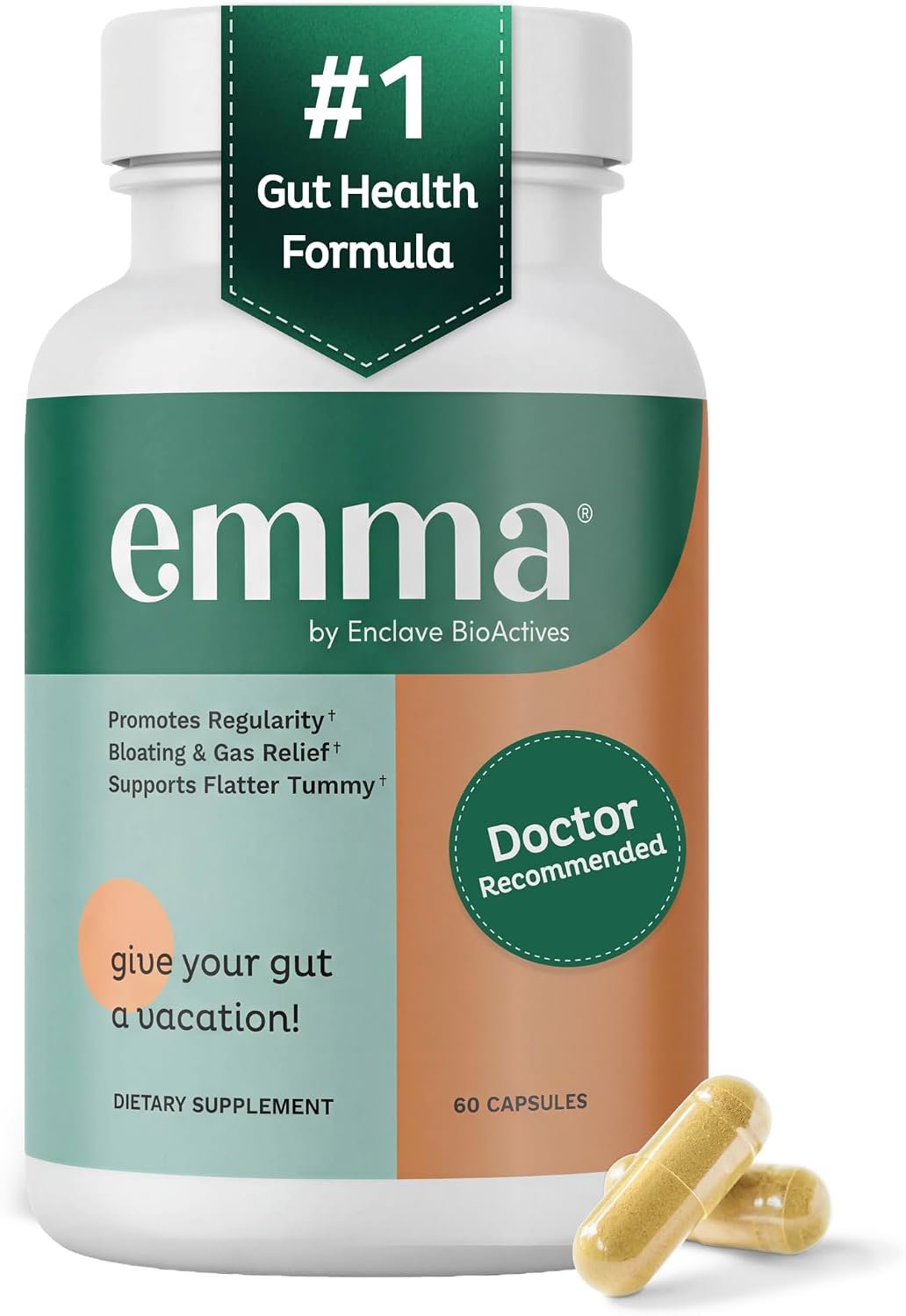 Emma Gut Health Relief Supplement, Doctor Endorsed Formula for Women & Men, Leaky Gut & Digestive Support for Constipation, Bloating & Gas Relief with Berberine, Resveratrol, Quercetin, 60 Capsules