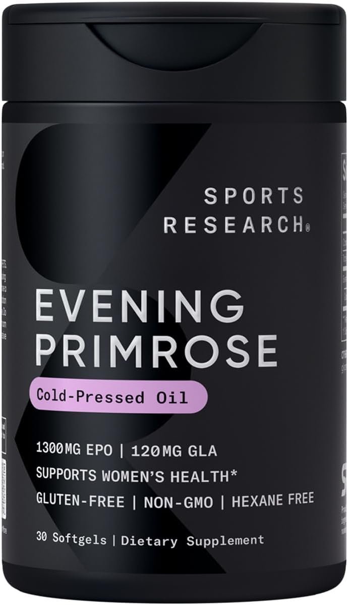 Sports Research® Evening Primrose Oil 1300mg, 30 Softgels | EPO Supplement from Cold-Pressed Oil for Women’s Health & Healthy Skin | Natural GLA, Non-GMO, Gluten-Free, Soy-Free