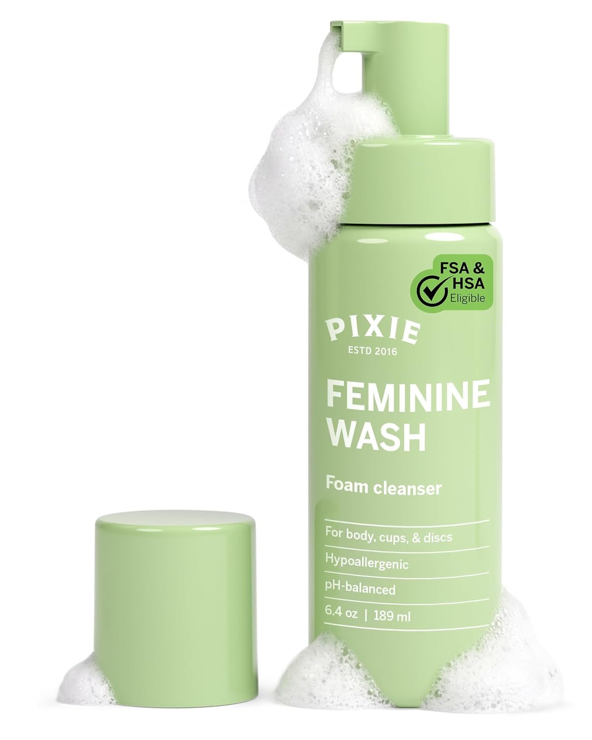 Pixie Feminine Wash – Foaming Cleaner with Natural Ingredients – More Foam Wash in Bottle Than Any Other Brand – pH Balanced & Plant Based – for Your Menstrual Cups and Discs, 6.4oz