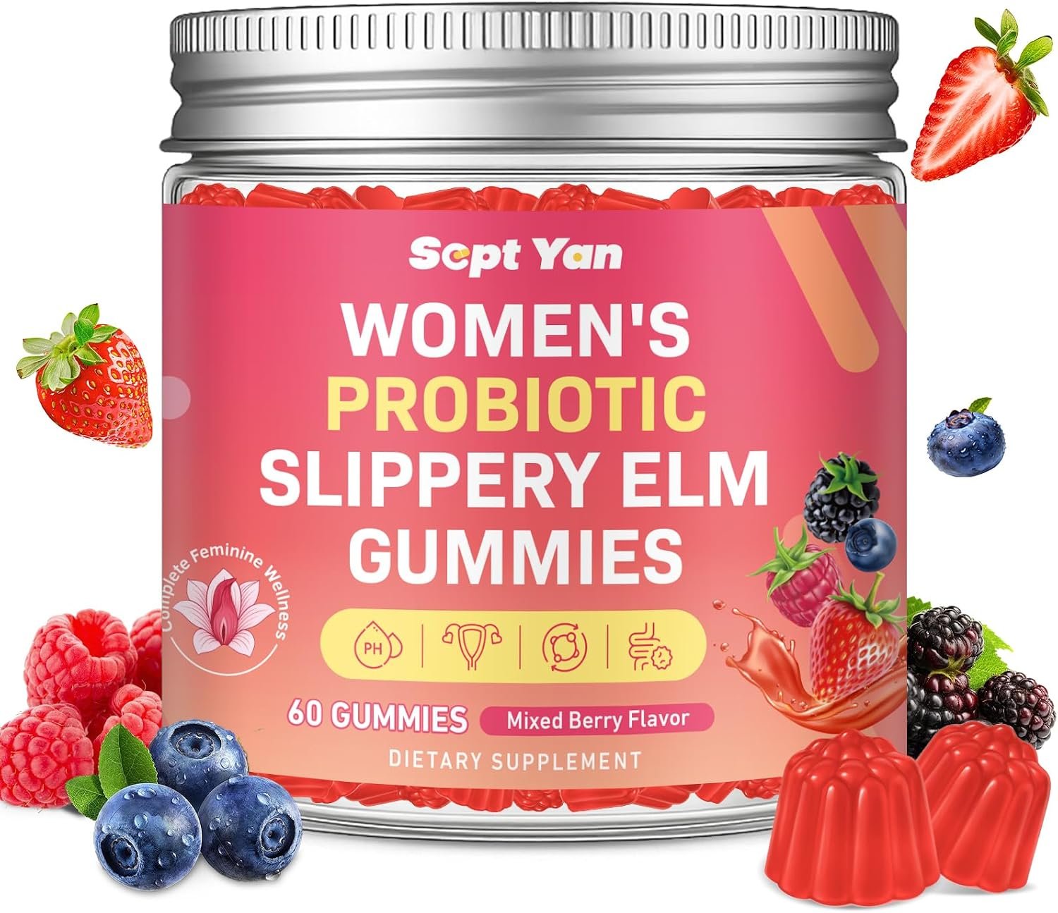Feminine Probiotic Slippery Elm Gummies with Dim, Cranberry, Aloe Vera, Vitamin D3 & E for Women pH Balance, Gut Health & Immune System, Promote Vaginal Health for Women, Mixed Berry Flavor 60 Counts